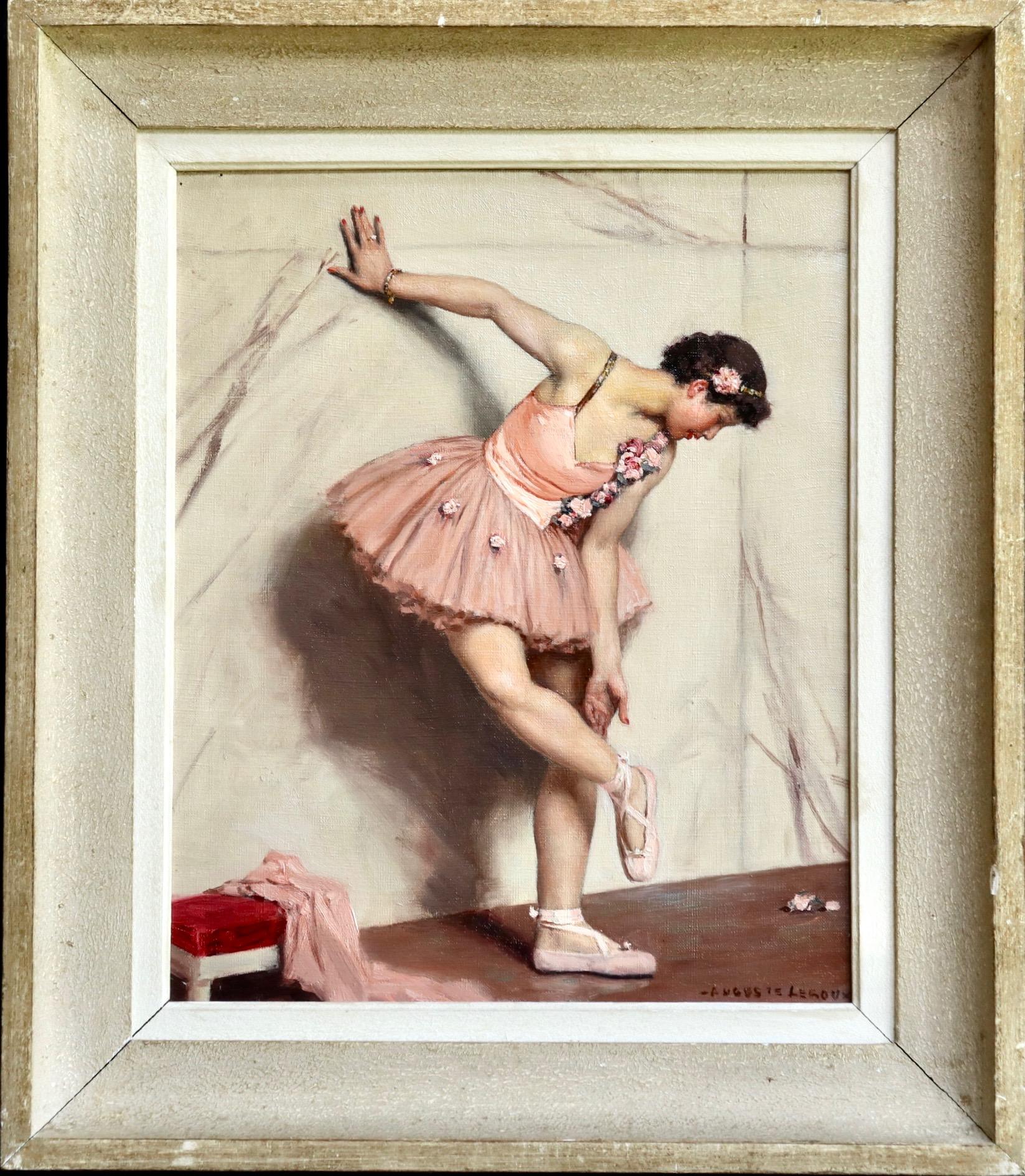 Ballet Dancer -20th Century Oil, Ballerina Figure in Interior, by Auguste Leroux - Post-Impressionist Painting by Jules Marie Auguste Leroux