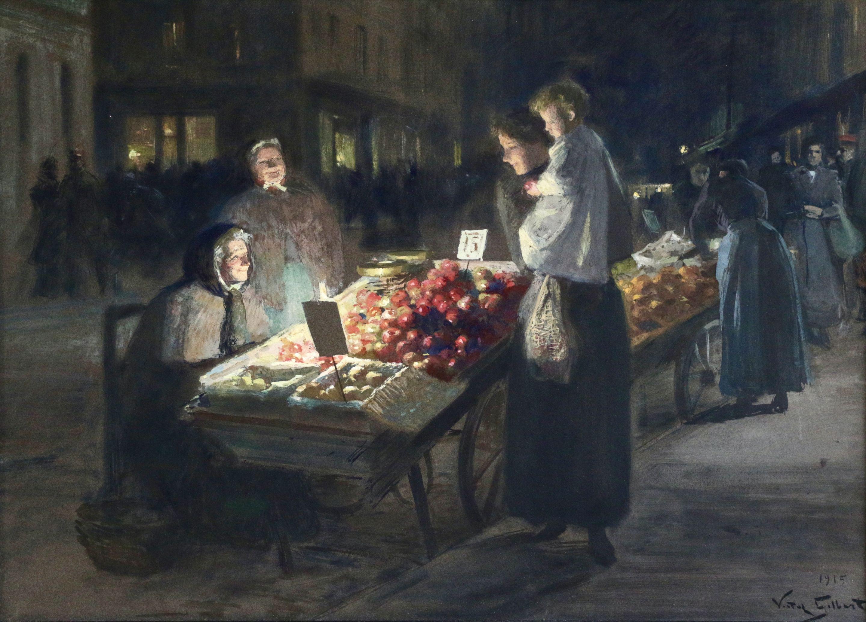Victor Gabriel Gilbert Landscape Art - Paris Market-Night - 19th Century Gouache, Figures in Market by Victor Gabriel