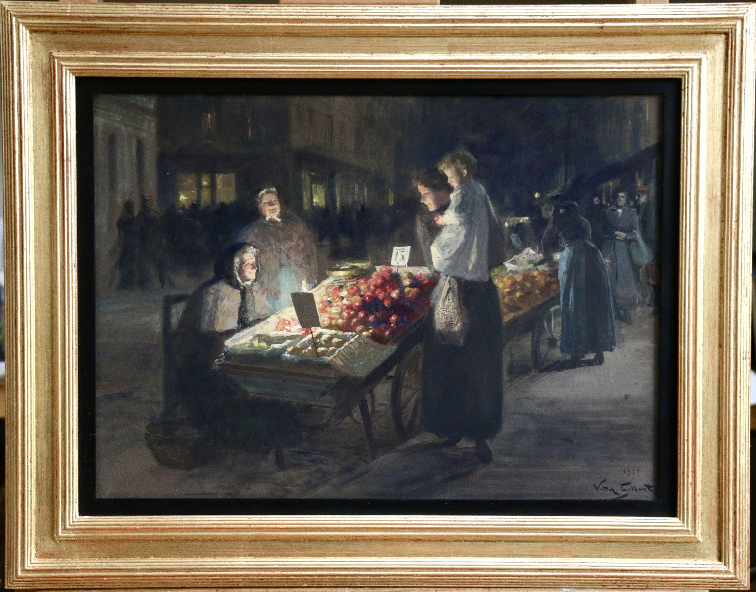 Paris Market-Night - 19th Century Gouache, Figures in Market by Victor Gabriel - Art by Victor Gabriel Gilbert