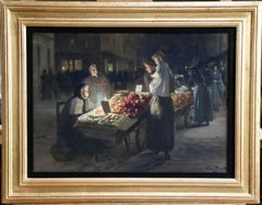 Paris Market-Night - 19th Century Gouache, Figures in Market by Victor Gabriel
