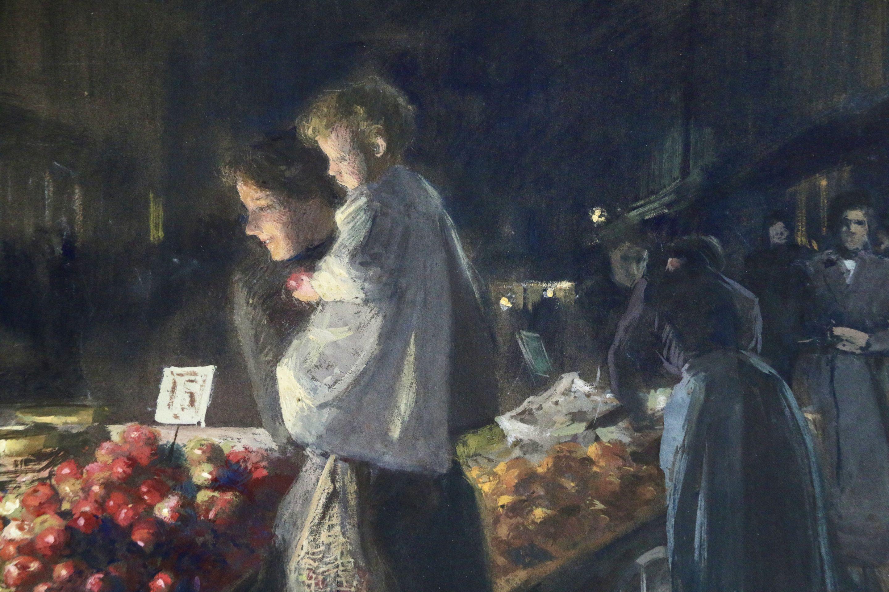 Paris Market-Night - 19th Century Gouache, Figures in Market by Victor Gabriel - Impressionist Art by Victor Gabriel Gilbert