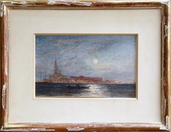 Venice - Moonlight - 19th Century Watercolour, Gondolas on Lagoon by Félix Ziem