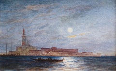 Antique Venice - Moonlight - 19th Century Watercolour, Gondolas on Lagoon by Félix Ziem