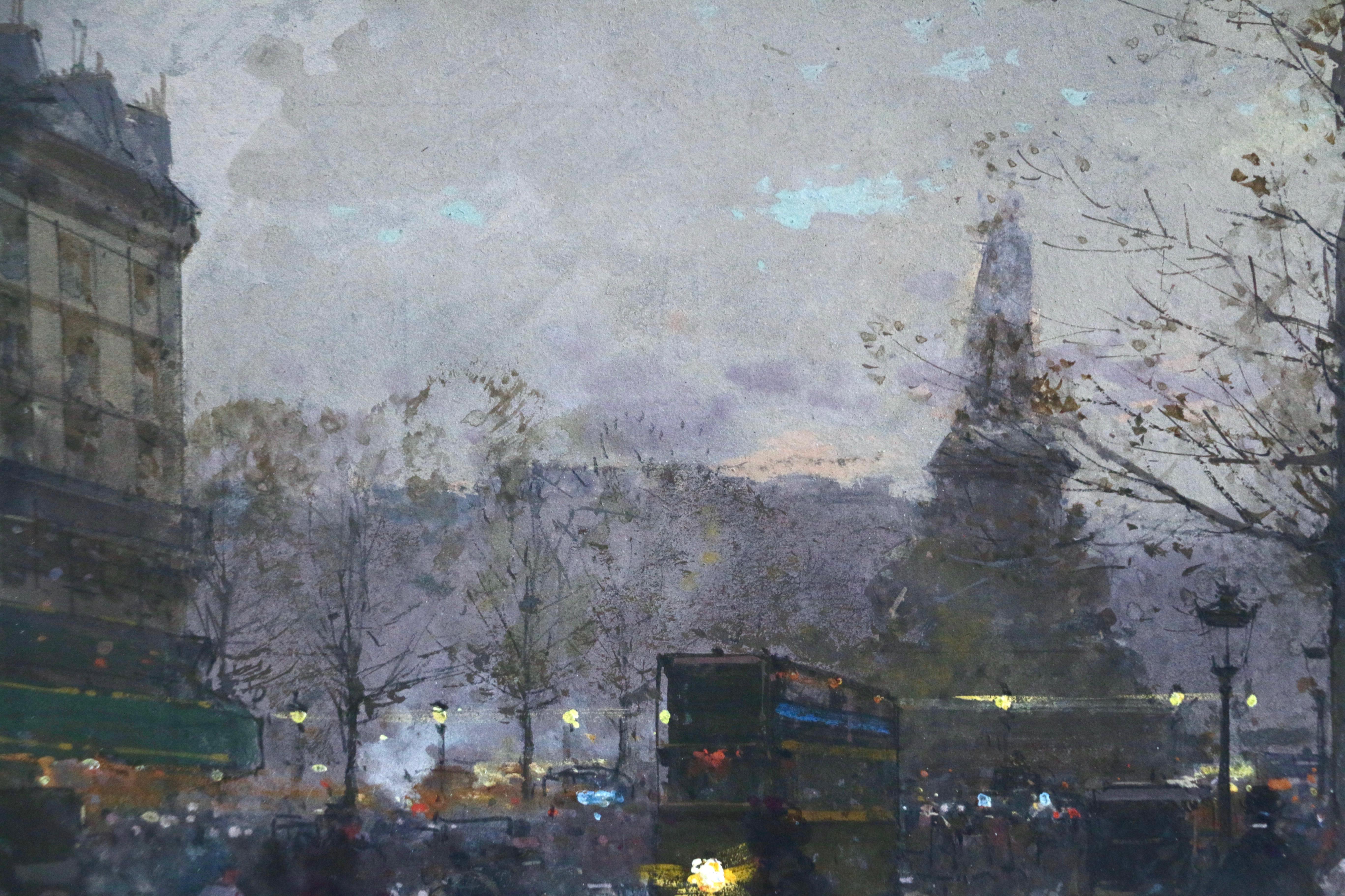 An outstanding and good sized picture of a famous square in Paris, by Eugene Galien-Laloue. Gouache on paper, circa 1910. Signed lower left. Framed dimensions are 10.5 inches high by 16 inches wide.

The Place de la Bastille is a square in Paris