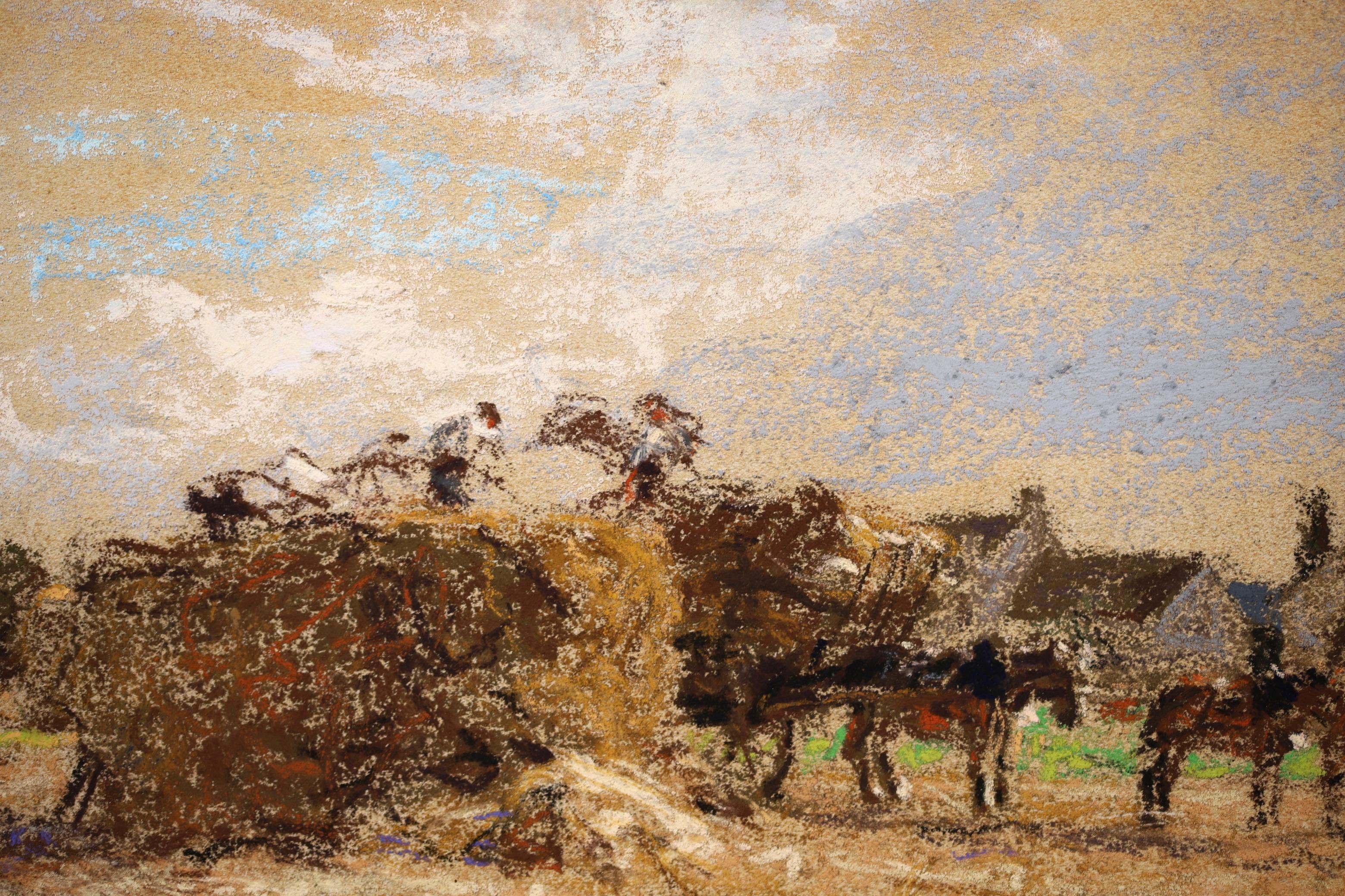 Haymaking - Messy, Seine-et-Marne - Figures & Horses in Landscape by Lhermitte - Brown Landscape Art by Léon Augustin Lhermitte