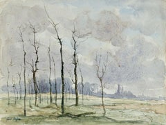 Aquarelle impressionniste « Hiver » d'Henri Duhem, arbres dans un paysage d'hiver