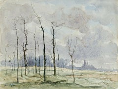 Hiver - Impressionist Watercolor, Trees in Winter Landscape by Henri Duhem