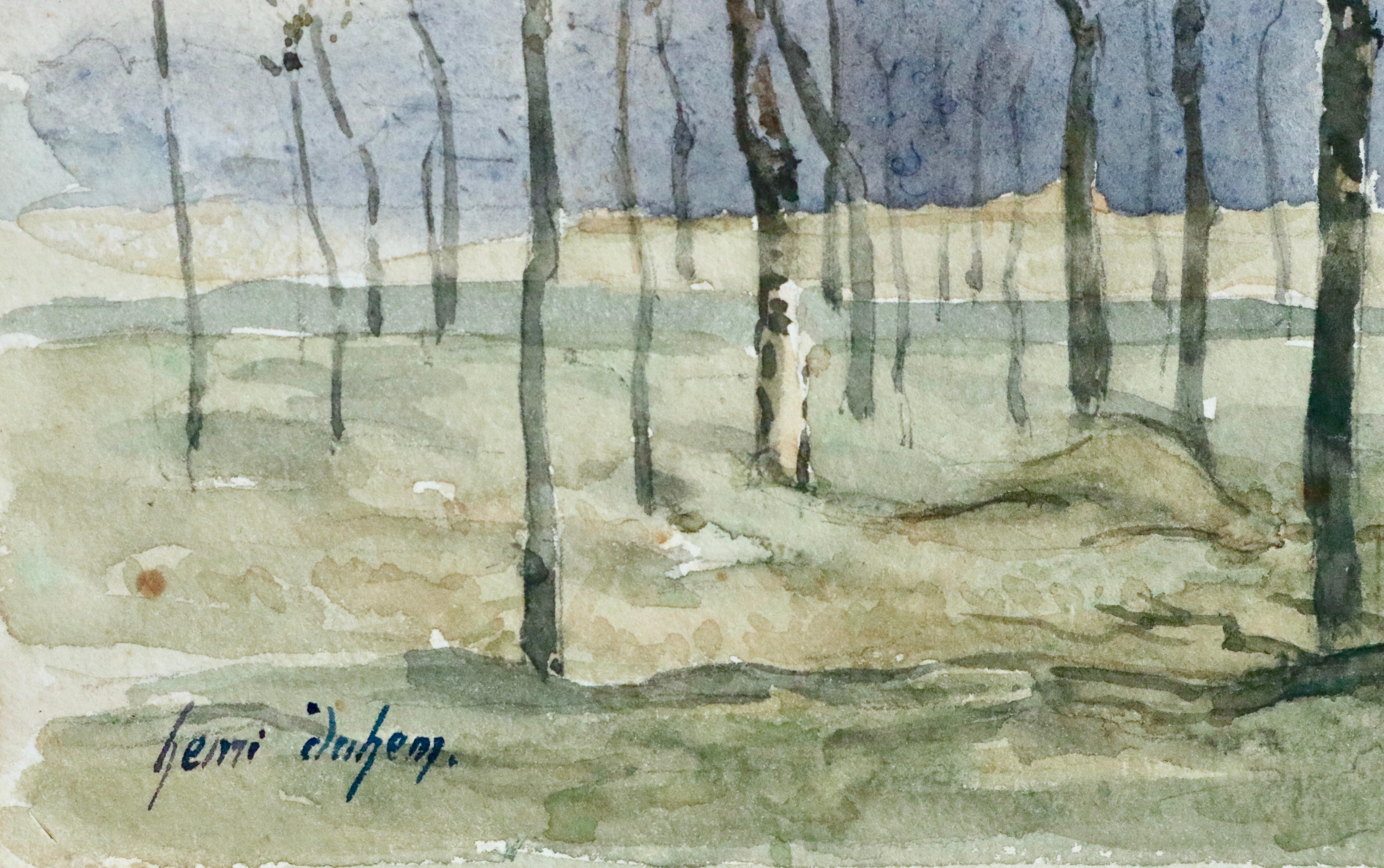 Hiver - Impressionist Watercolor, Trees in Winter Landscape by Henri Duhem 1