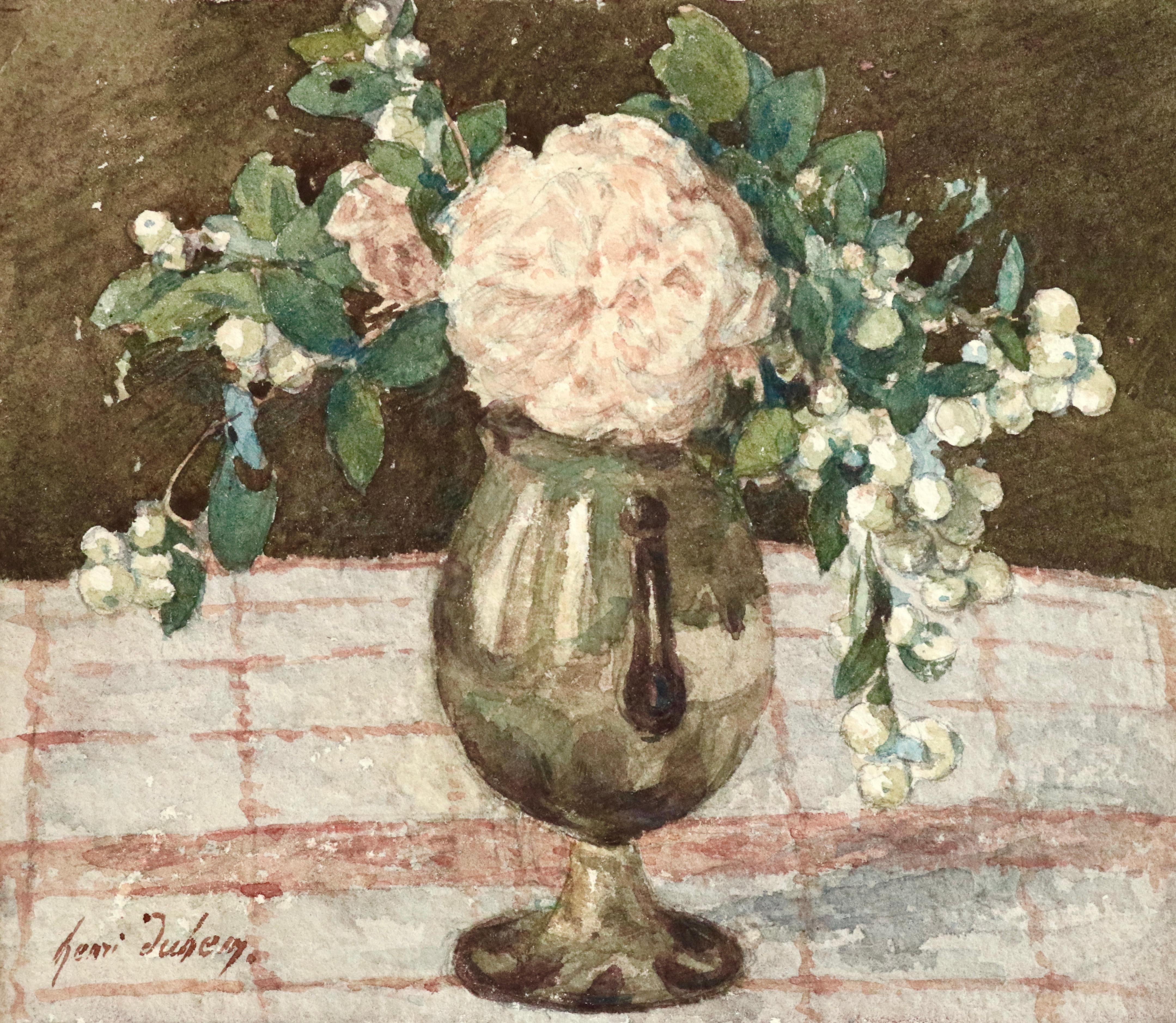 Henri Duhem Still-Life - Roses & Symphorine - 19th Century Watercolor, Still Life Flowers in Vase -Duhem 