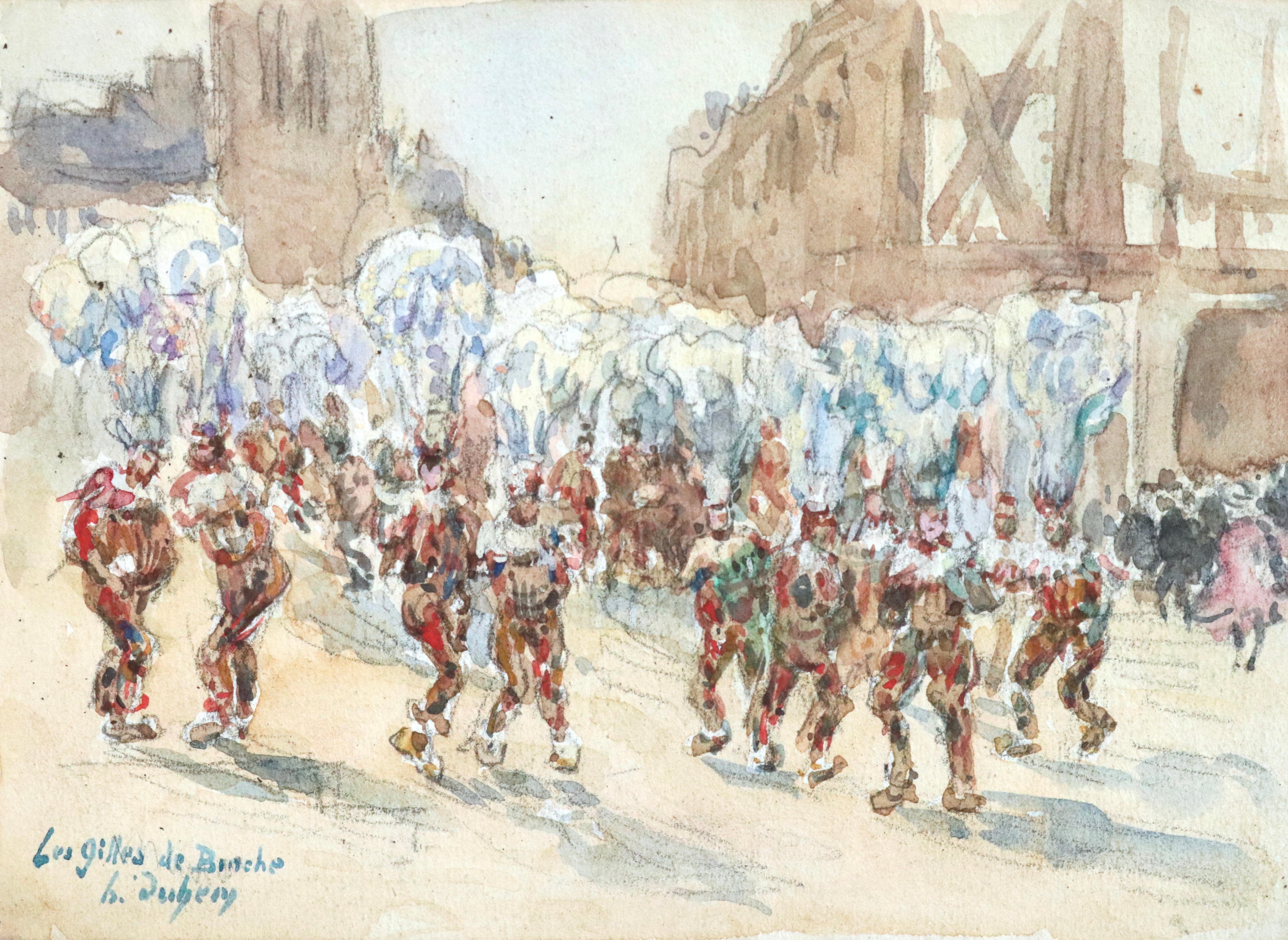 Figurative Painting Henri Duhem - Les Gilles de Binche - Aquarelle du XIXe siècle, figures du carnaval belge H Duhem