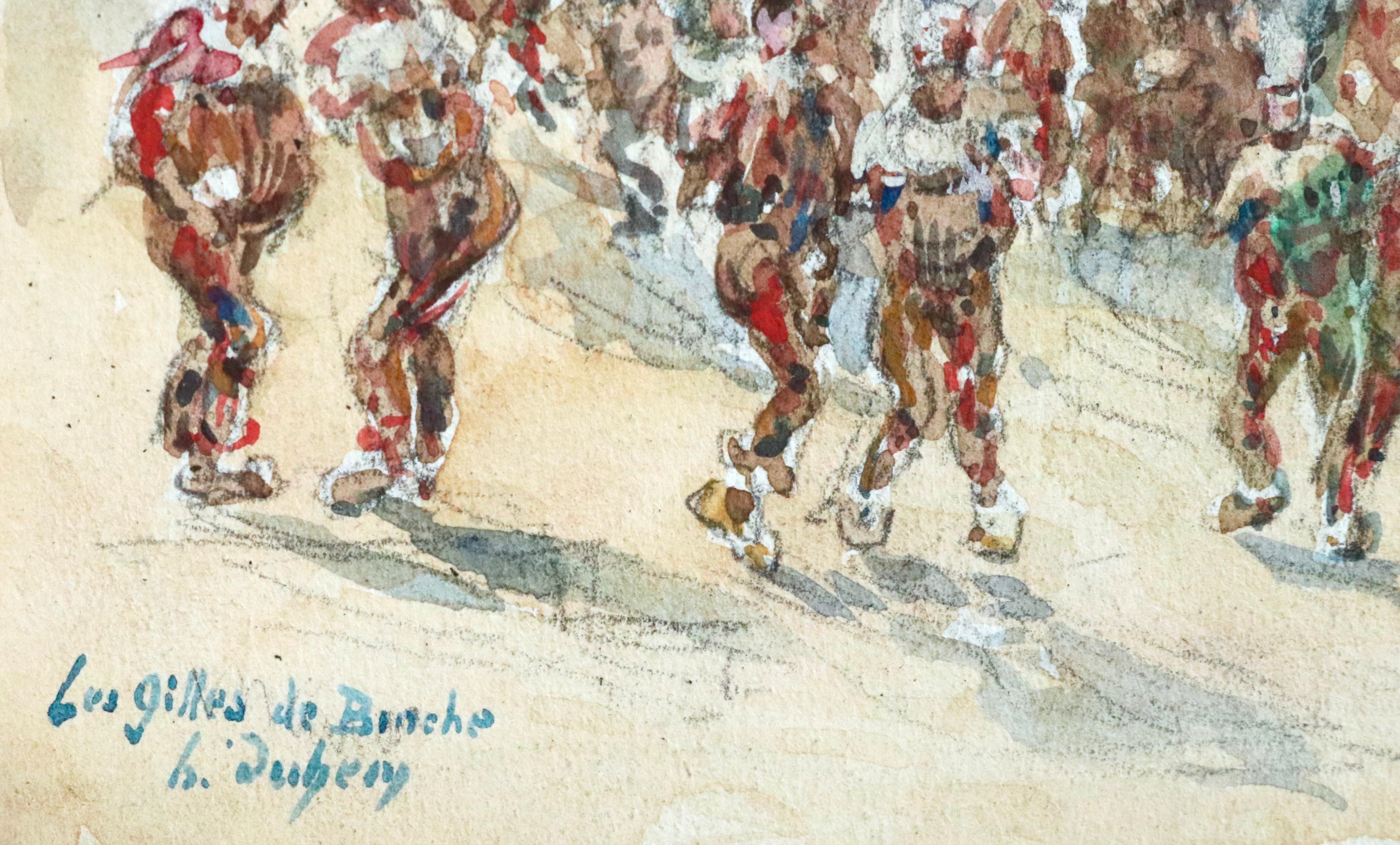 Les Gilles de Binche - Aquarelle du XIXe siècle, figures du carnaval belge H Duhem - Painting de Henri Duhem