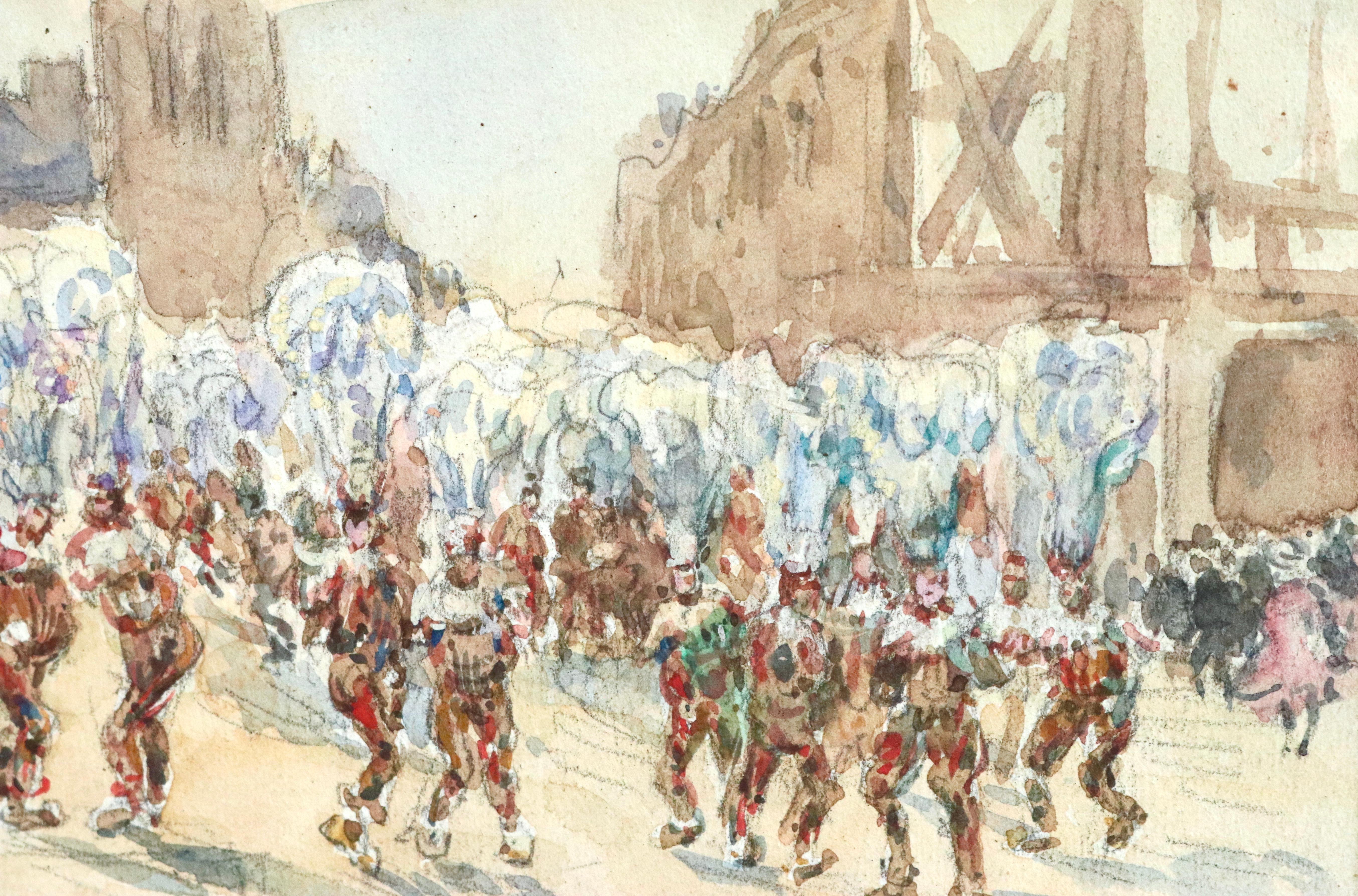 Französisches Karneval H Duhem von Gilles de Binche, 19. Jahrhundert, Aquarell, Figuren (Beige), Figurative Painting, von Henri Duhem