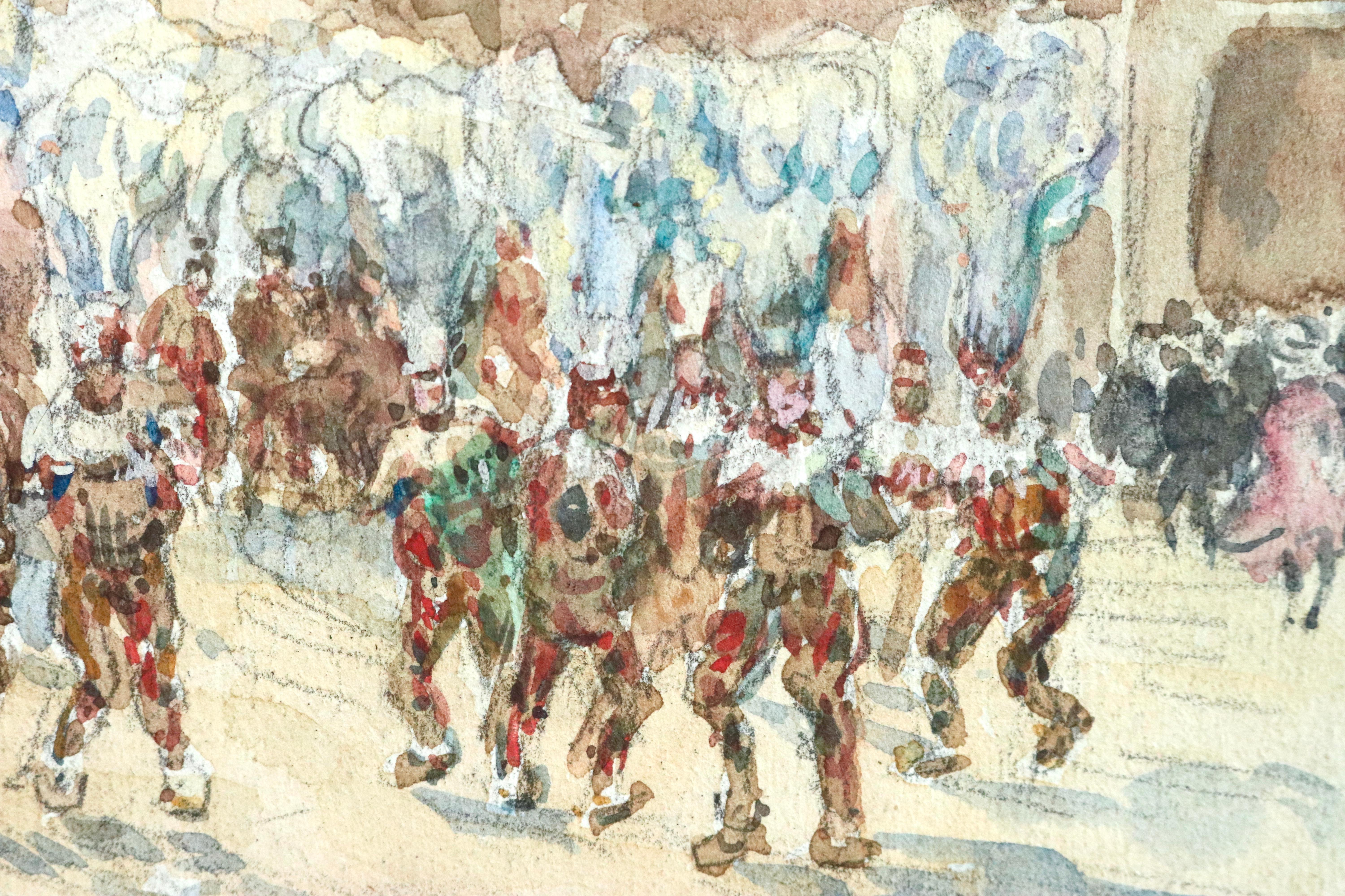 Aquarell auf Papier um 1920 von Henri Duhem mit der Darstellung der Gilles beim Karneval von Binche, Belgien. Signiert und betitelt unten links. Dieses Gemälde ist derzeit nicht gerahmt, aber ein passender Rahmen kann bei Bedarf beschafft