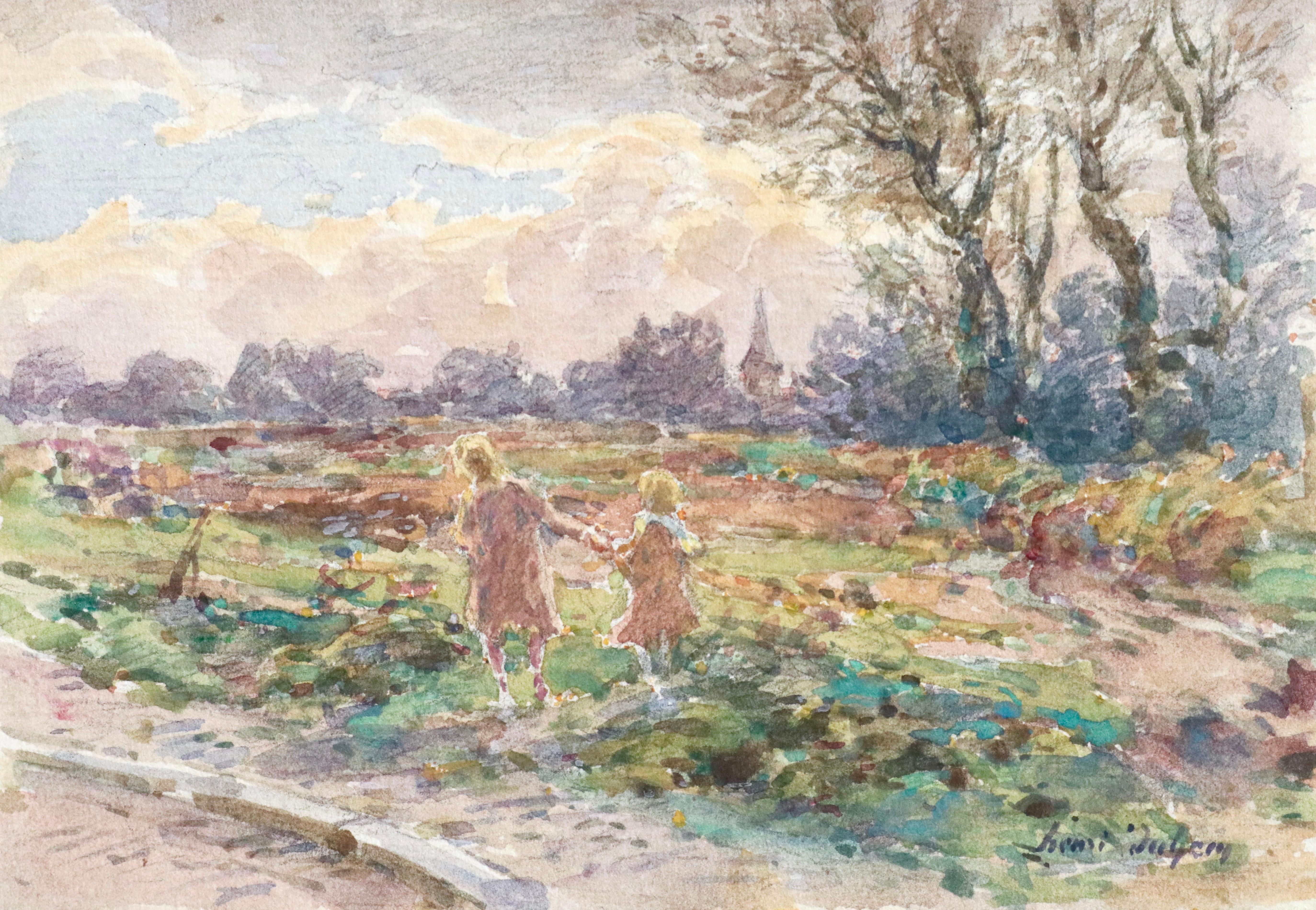 Watercolour on paper circa 1910 by Henri Duhem depicting two young girls holding hands as they walk across a meadow, a church in the distance. Signed lower right. This painting is not currently framed but a suitable frame can be sourced if