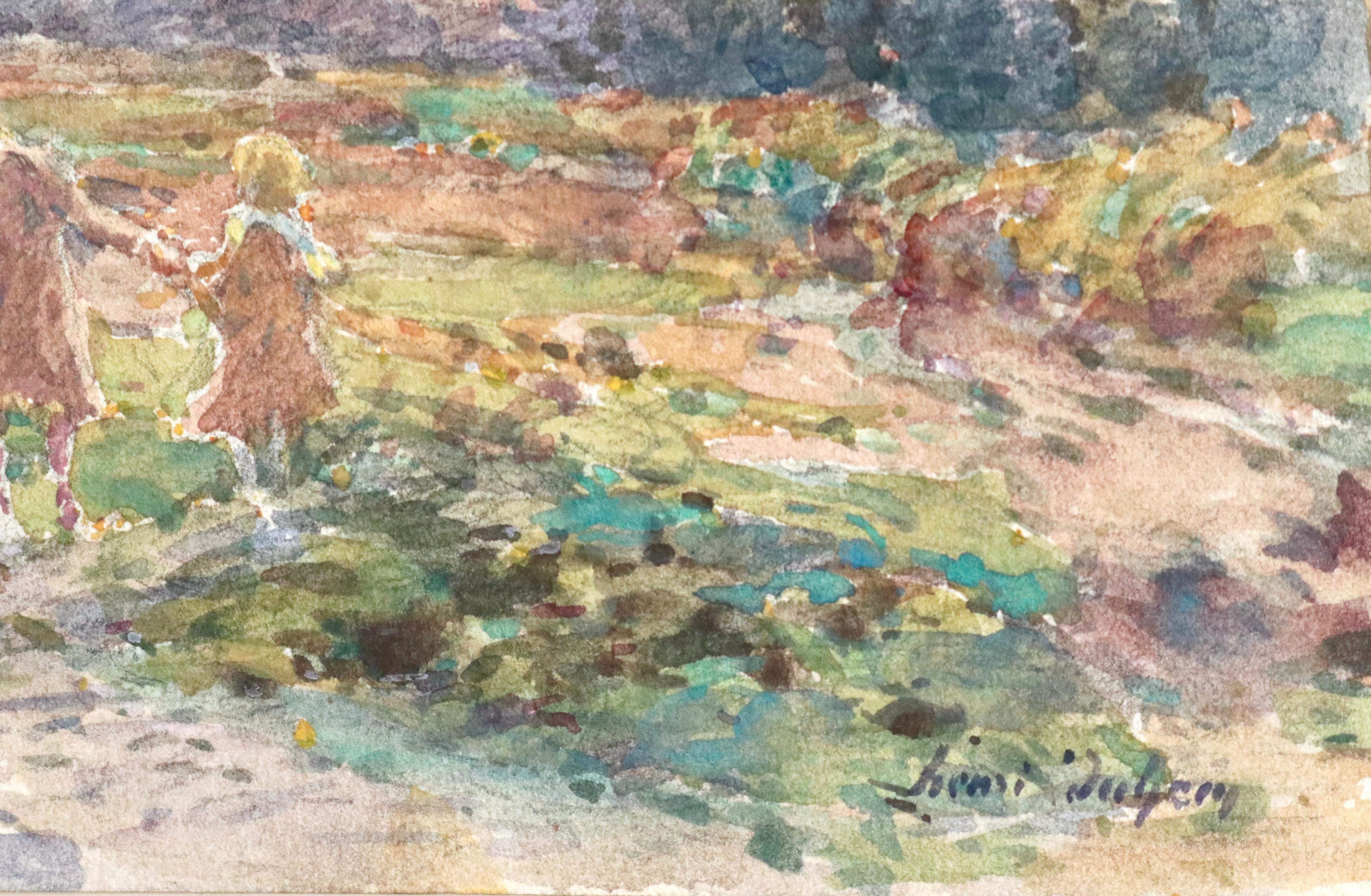Hand in Hand - 19th Century Watercolor, Young Girls in Landscape by Henri Duhem 1