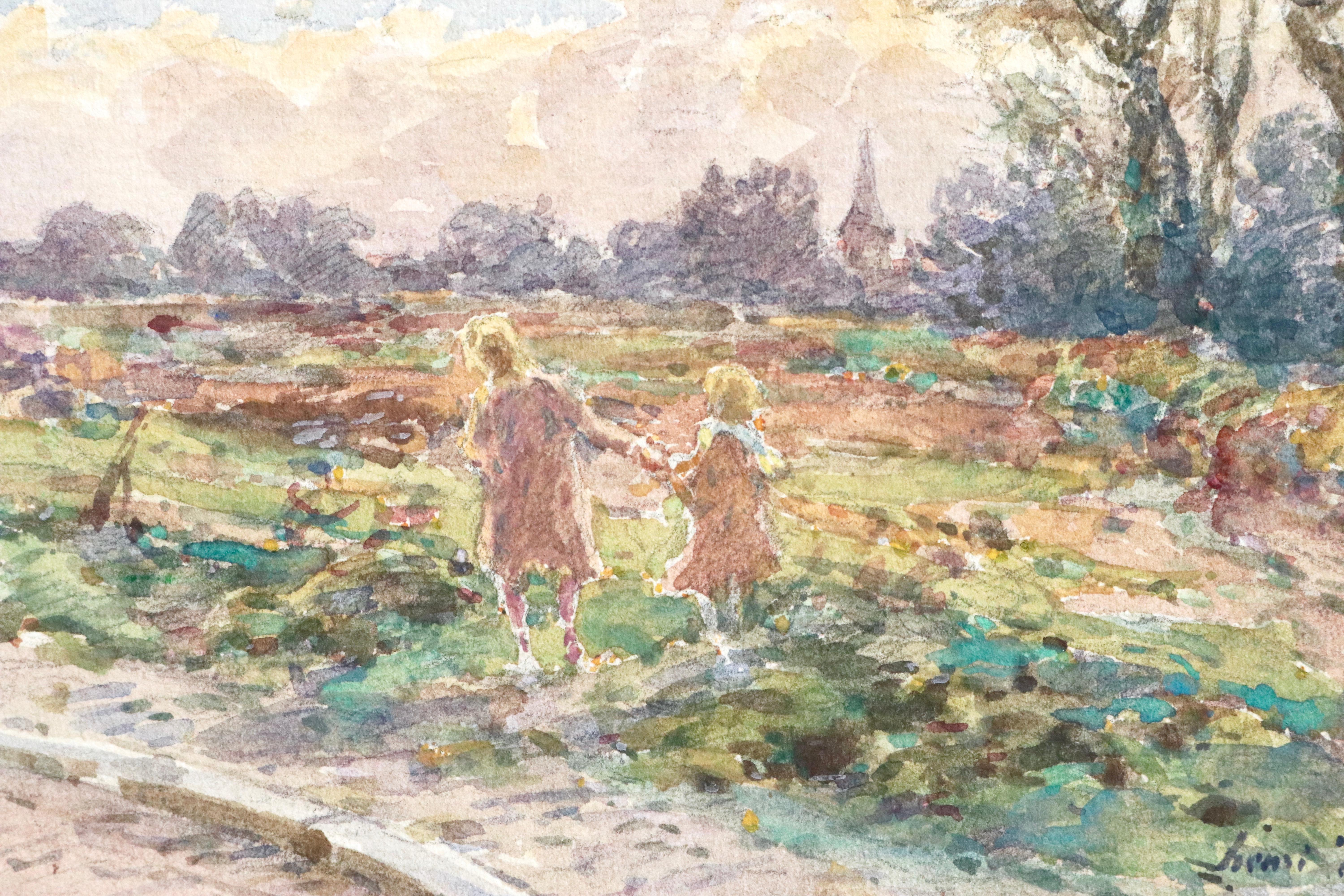 Hand in Hand - 19th Century Watercolor, Young Girls in Landscape by Henri Duhem 2