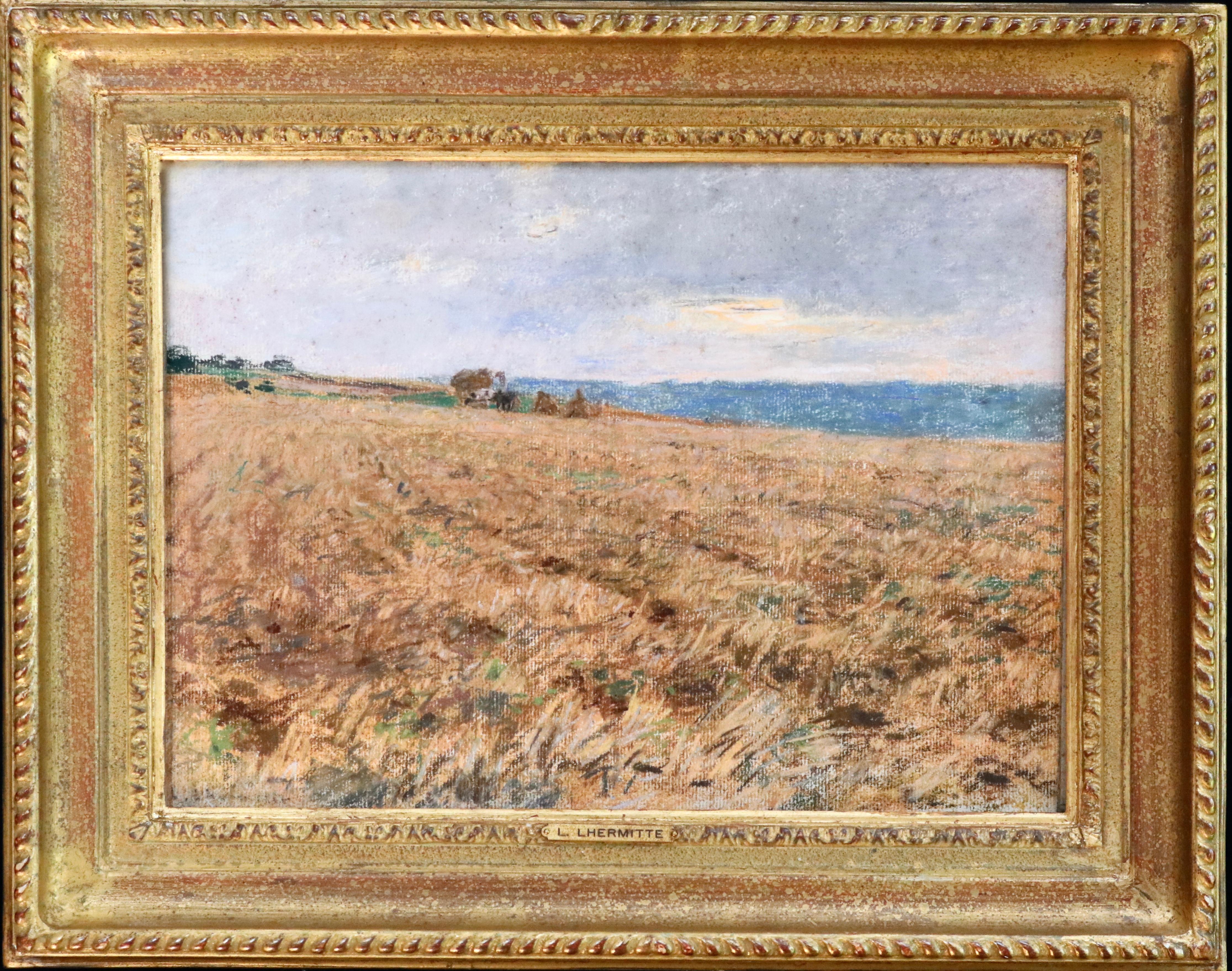 Léon Augustin Lhermitte Landscape Art - Harvesting - 19th Century Pastel, Worker in Field Landscape by L A Lhermitte