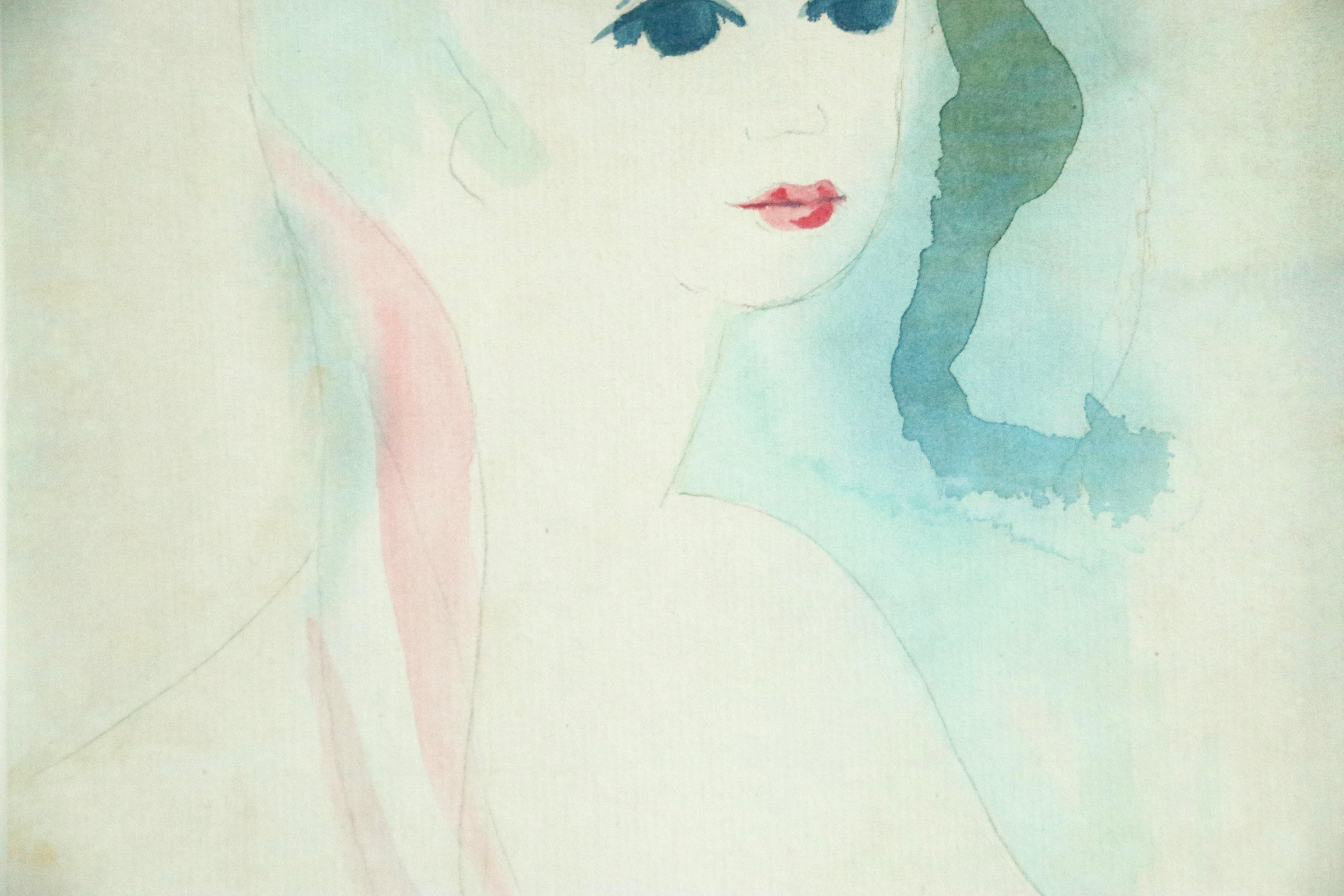 An incredibly beautiful watercolour on paper illustrating a pretty young woman by Marie Laurencin.  Signed and dated 1921 lower right. Framed dimensions are 17.5 inches high by 15.5 inches wide. Provenance, Private London collection, Gorringes Fine