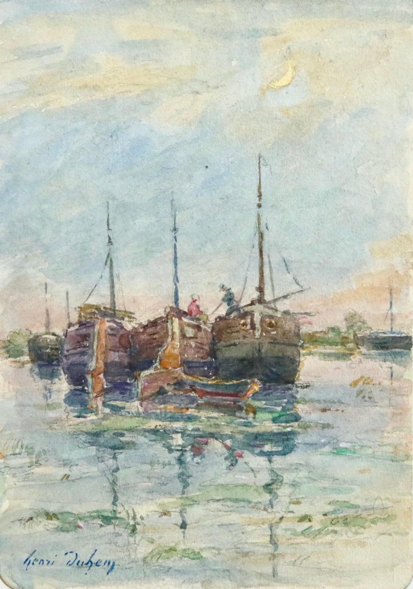 Henri Duhem Landscape Painting - Sur les Bateaux - 19th Century Watercolor, Boats on River Landscape by H Duhem