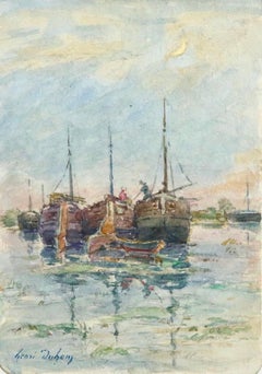 Sur les Bateaux - 19th Century Watercolor, Boats on River Landscape by H Duhem