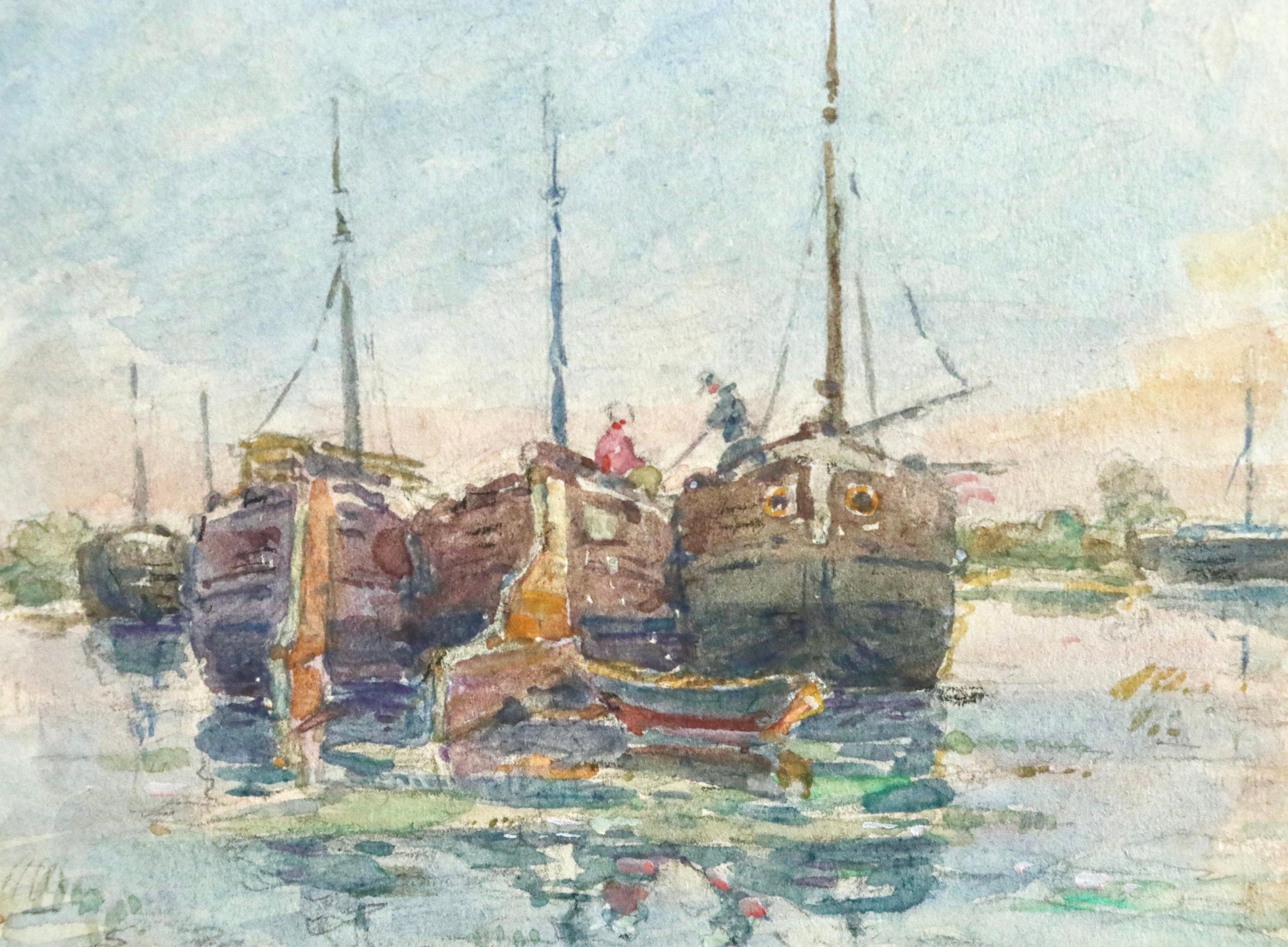 Sur les Bateaux - 19th Century Watercolor, Boats on River Landscape by H Duhem - Impressionist Painting by Henri Duhem