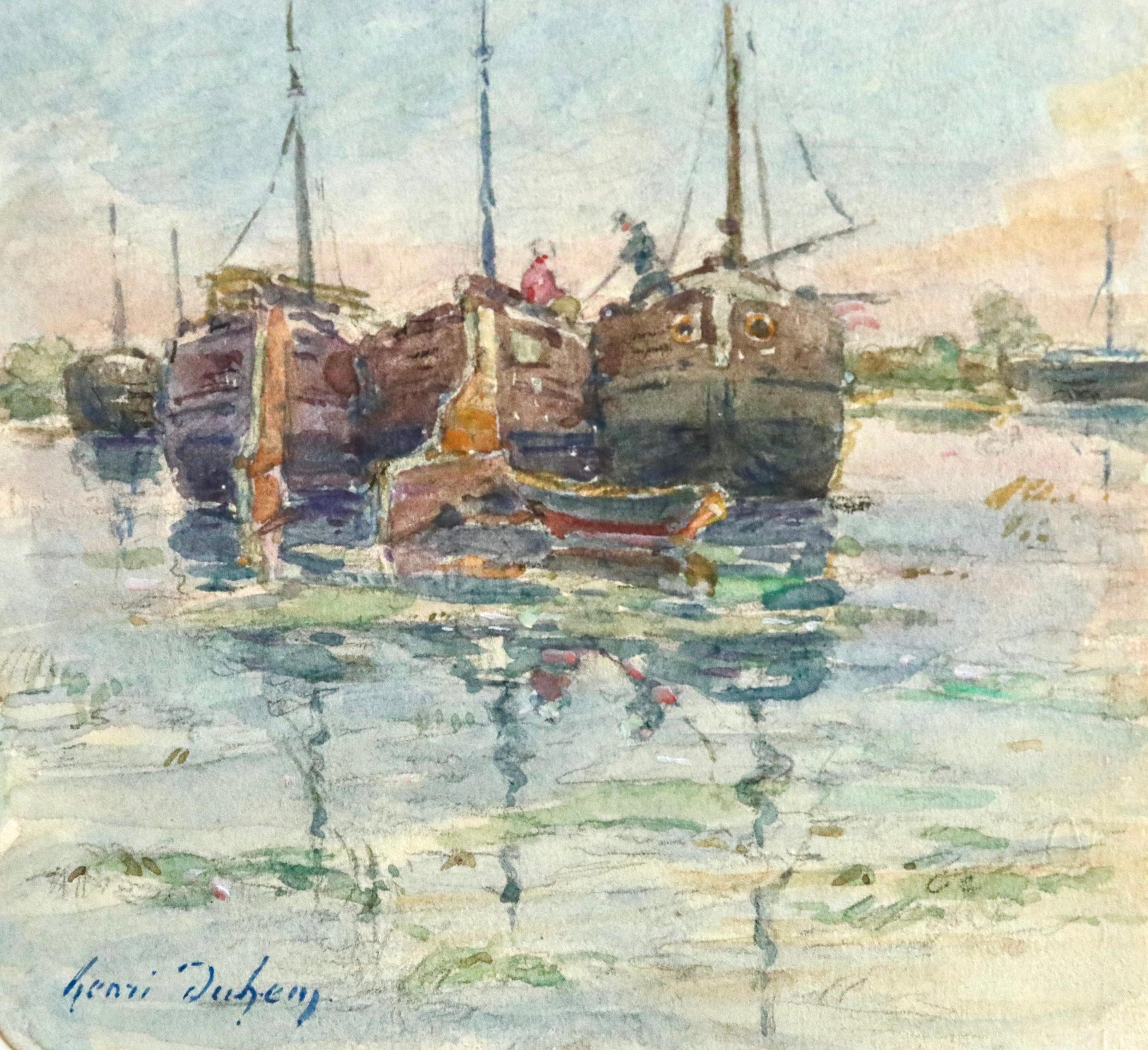 Sur les Bateaux - 19th Century Watercolor, Boats on River Landscape by H Duhem - Gray Landscape Painting by Henri Duhem
