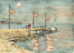 The Harbour-Dusk - 19th Century Watercolor, Figures by Sea Landscape by H Duhem