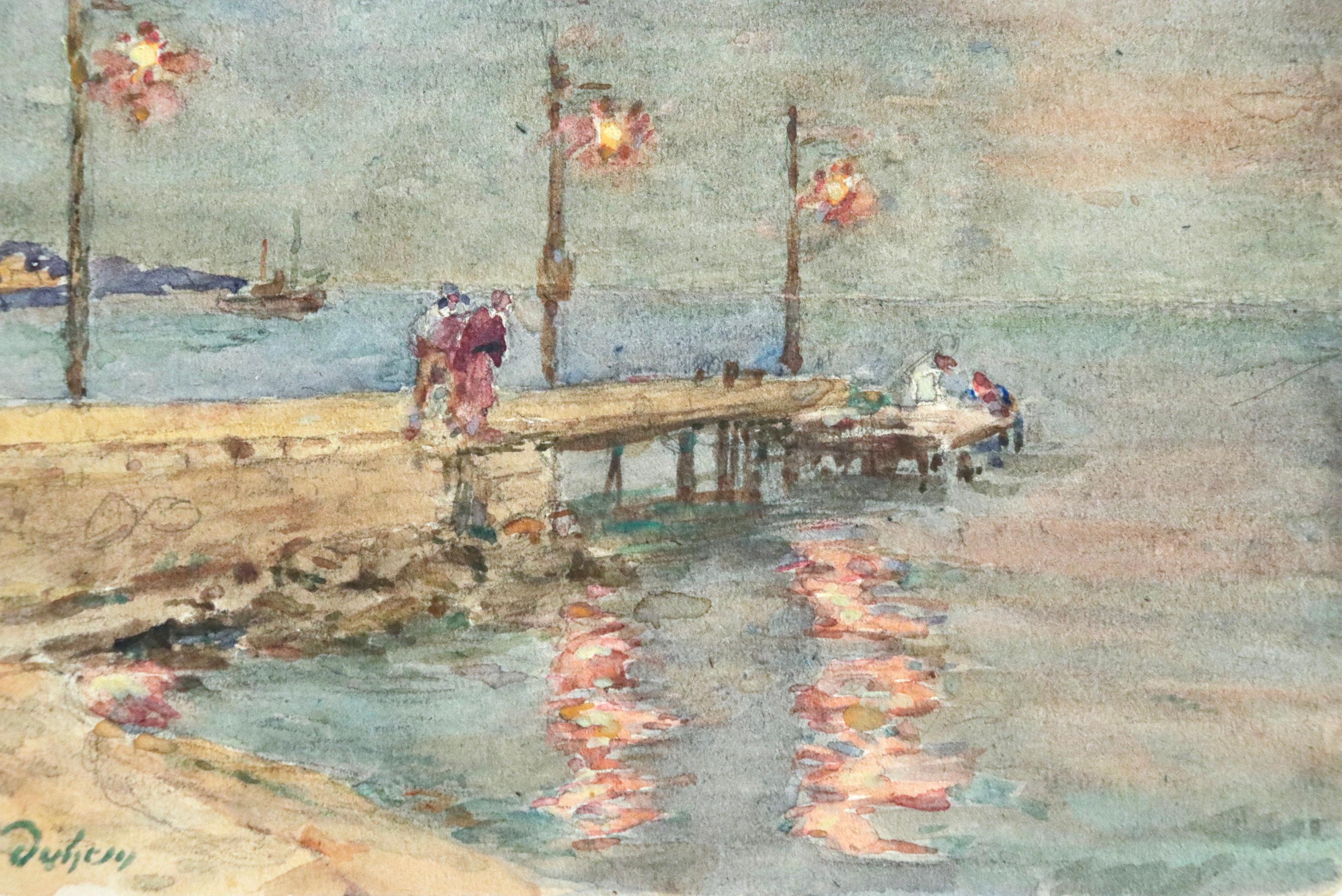 The Harbour-Dusk - 19th Century Watercolor, Figures by Sea Landscape by H Duhem - Impressionist Painting by Henri Duhem