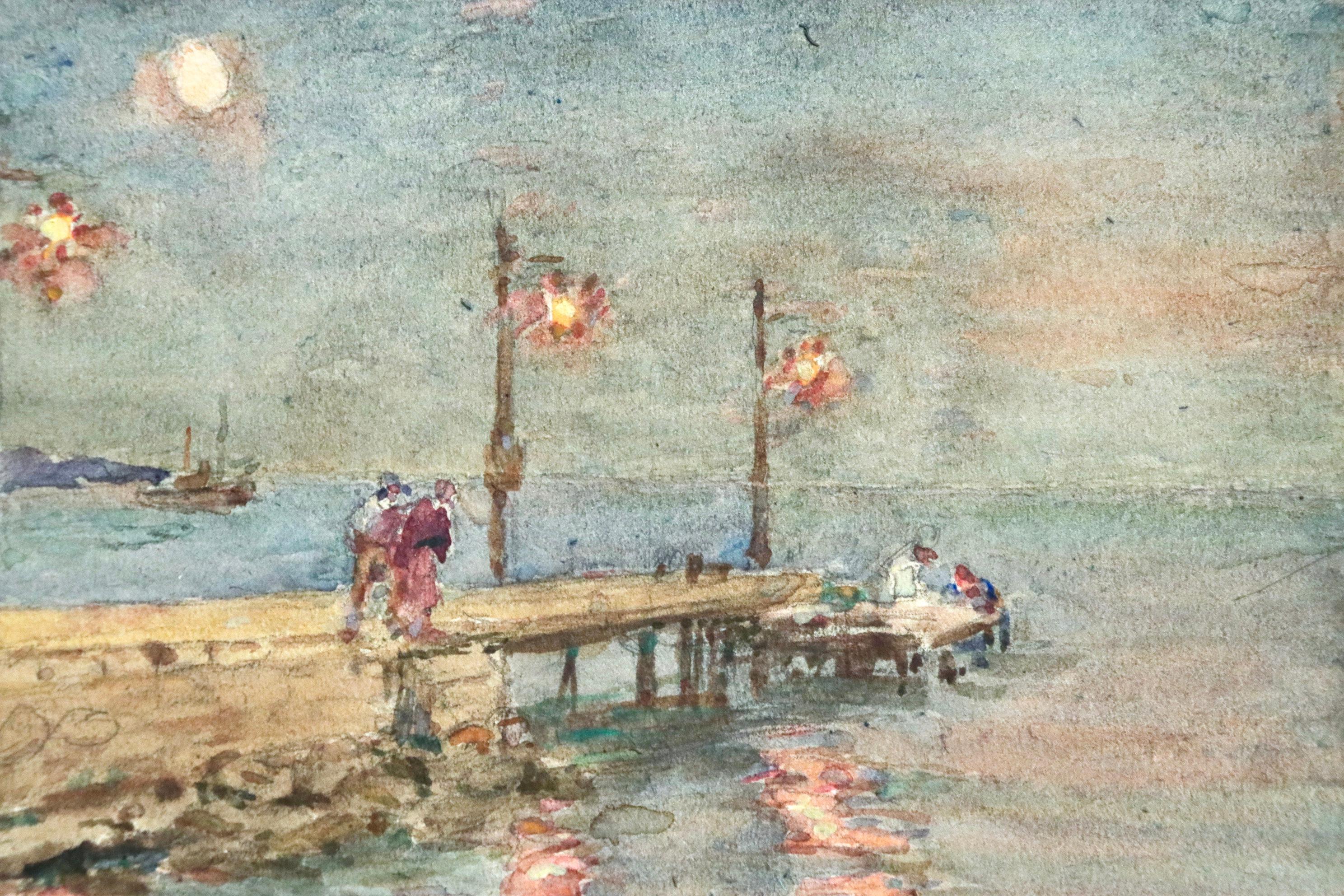 The Harbour-Dusk - 19th Century Watercolor, Figures by Sea Landscape by H Duhem - Brown Landscape Painting by Henri Duhem
