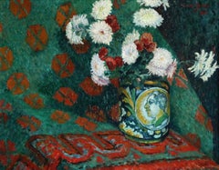 Fleurs - 19th Century Oil, Still Life of Flowers on Scarf - Dr Paul Louis Gachet