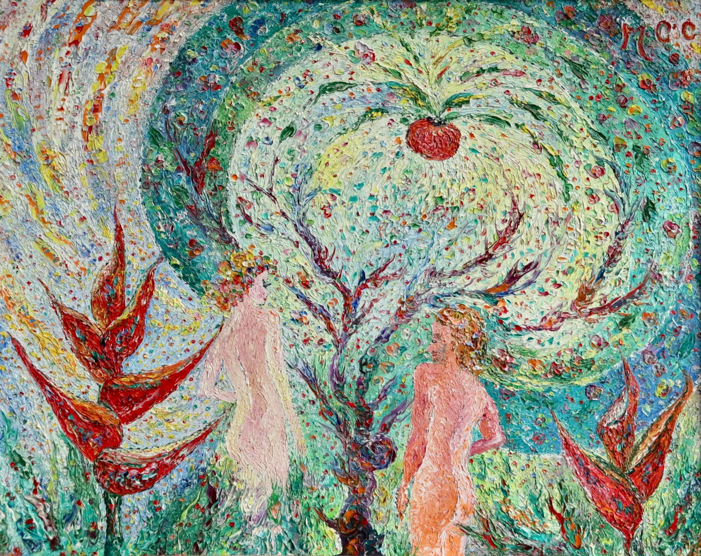 Adam & Eve - 20th Century Oil, Religious Figures in Landscape - Madeline Clavier - Painting by Madeline Christine Clavier