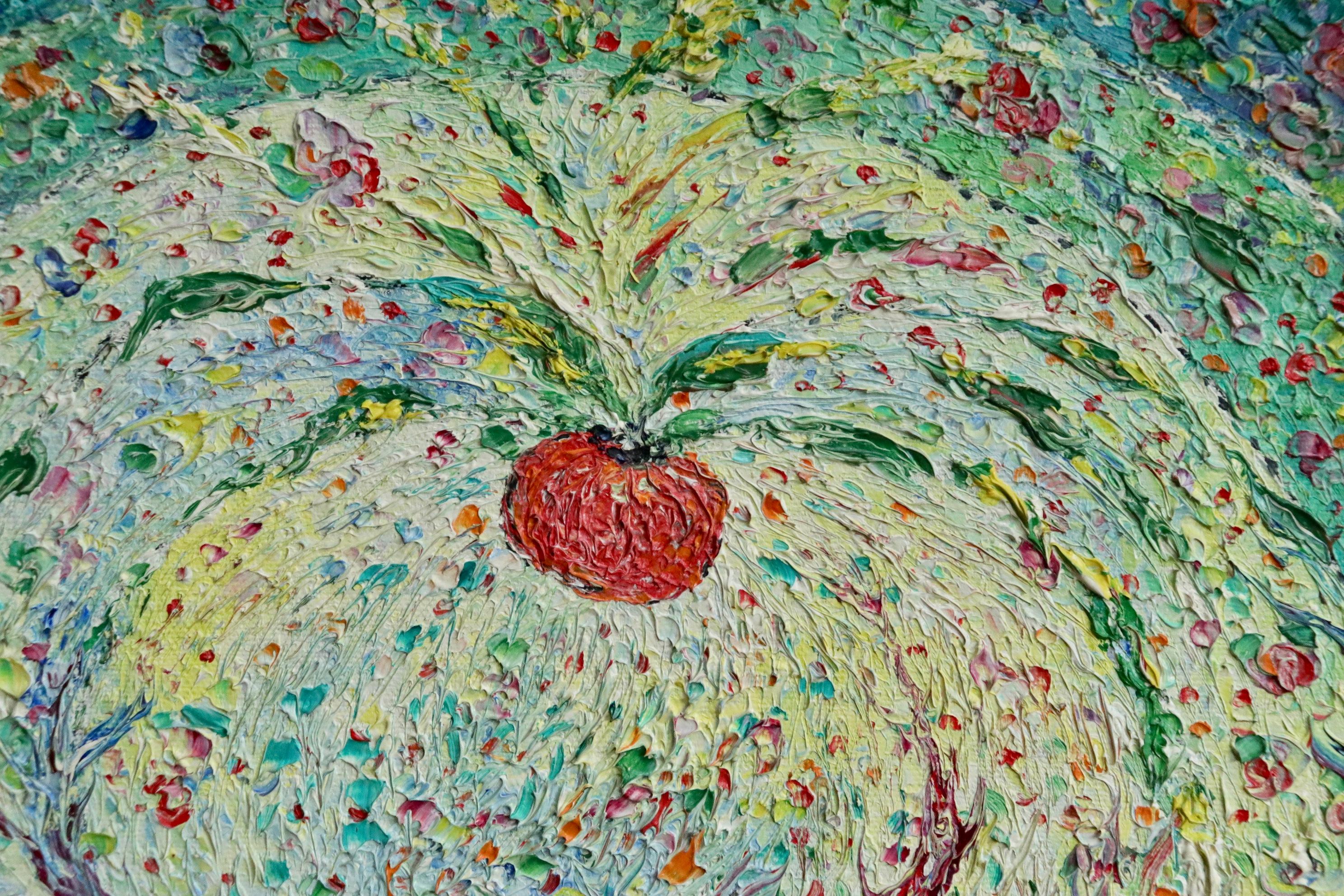 A large and impressive oil by Madeline Clavier depicting Adam and Eve in the Garden of Eden looking up at the forbidden fruit. Signed upper right. Framed dimensions are 24 inches high by 28 inches wide.

Madeline Clavier is known as 