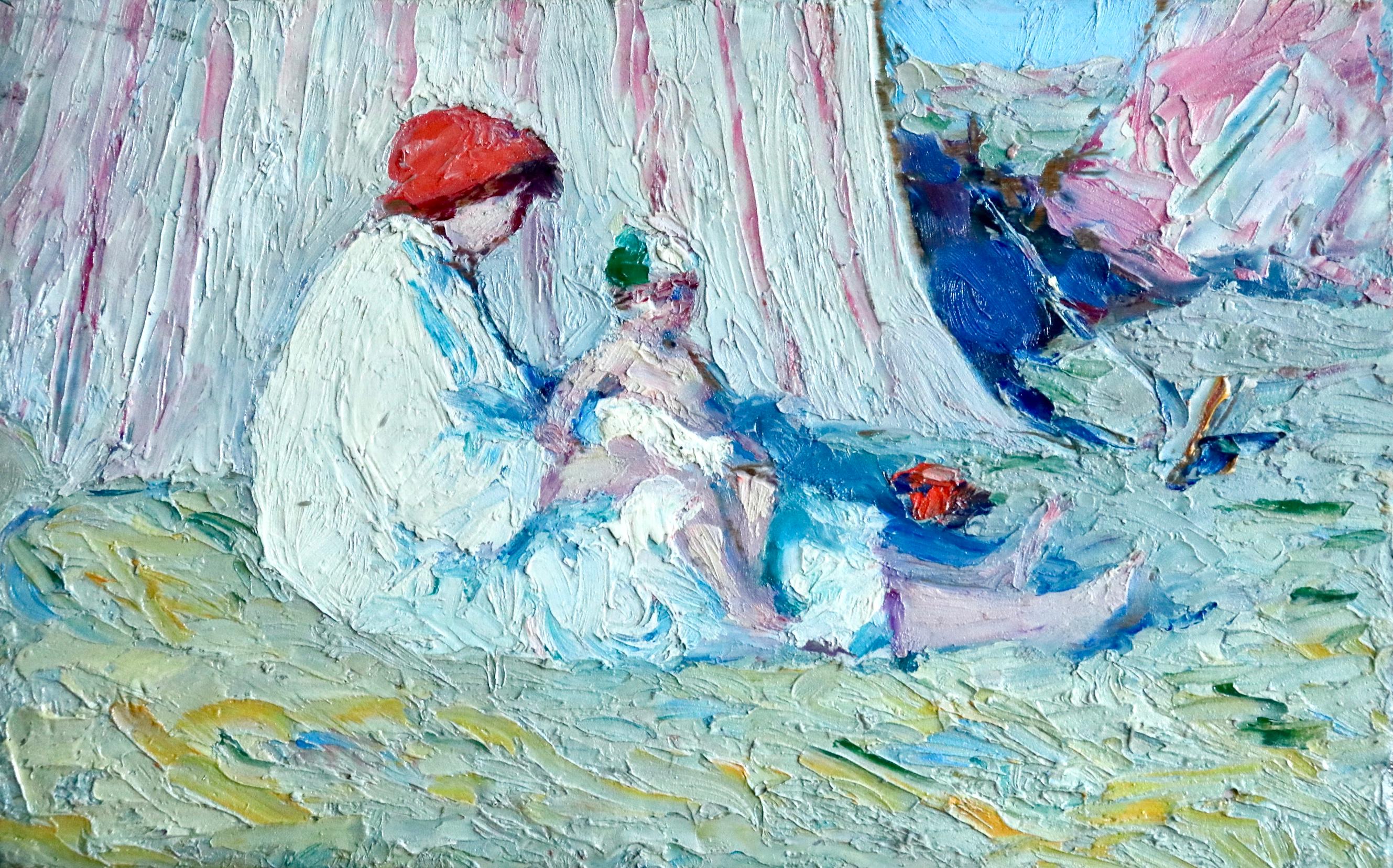 Bernardo Biancale Landscape Painting - Mere et enfant sur la plage - Post Impressionist, Figures on Beach - B Biancale