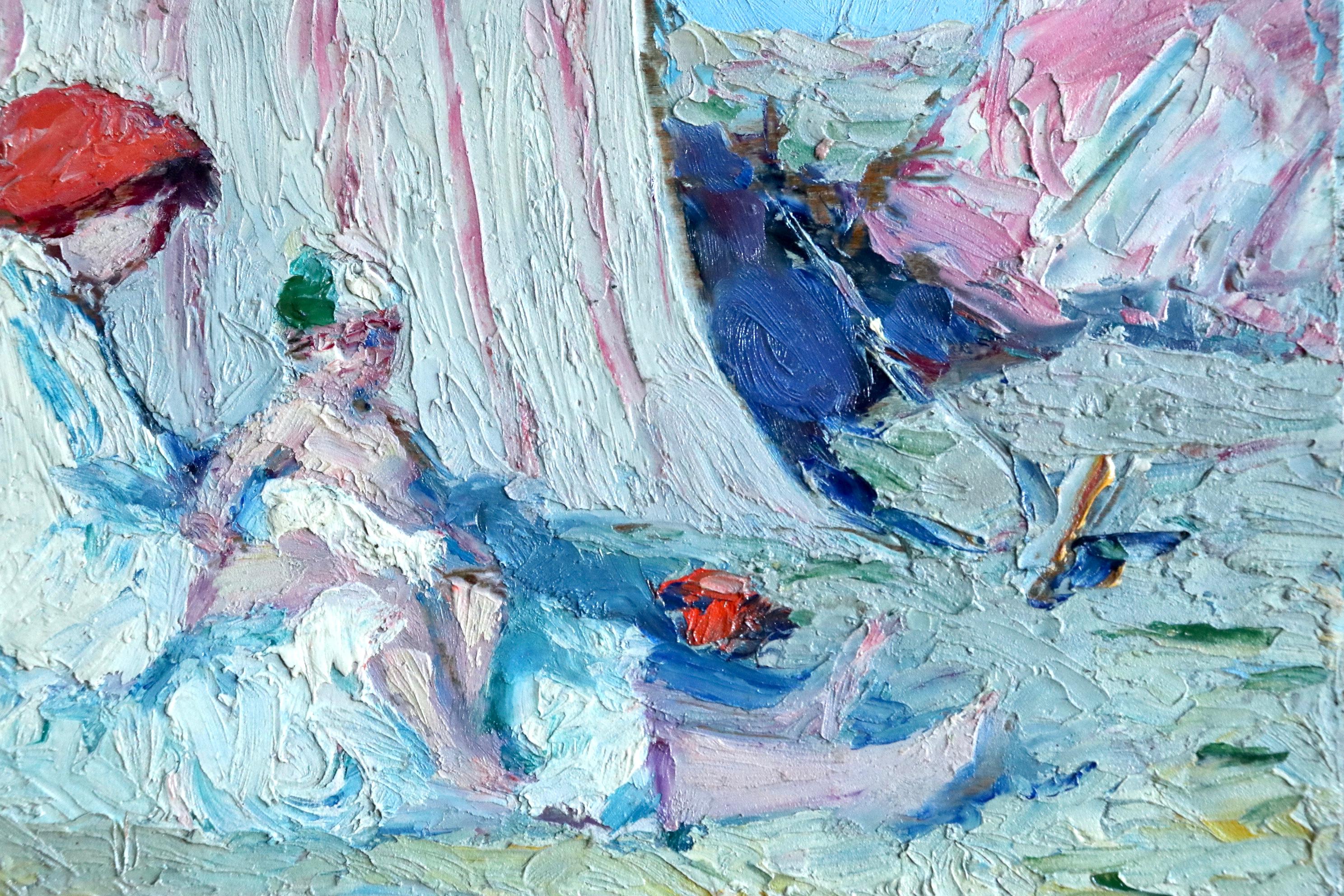 Mere et enfant sur la plage - Post Impressionist, Figures on Beach - B Biancale - Painting by Bernardo Biancale