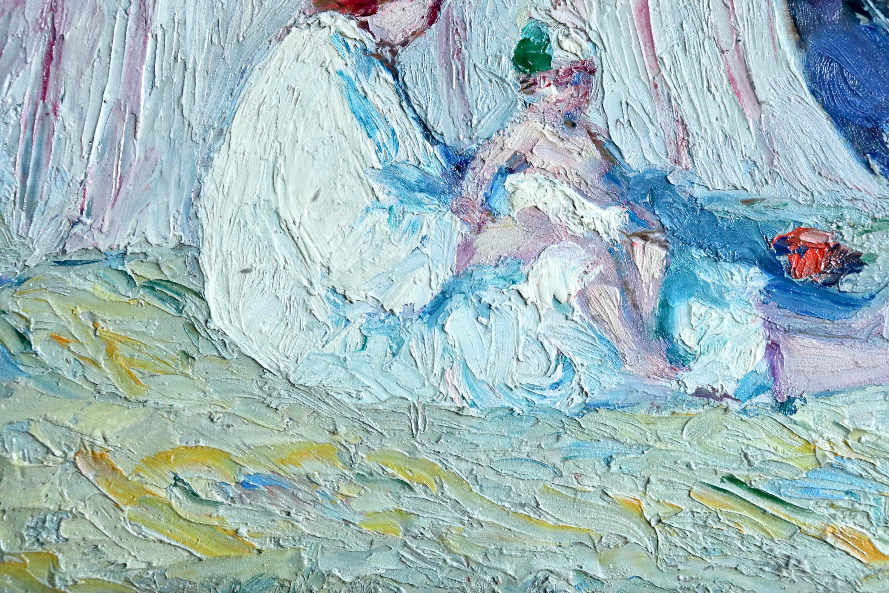 Mere et enfant sur la plage - Post Impressionist, Figures on Beach - B Biancale - Post-Impressionist Painting by Bernardo Biancale