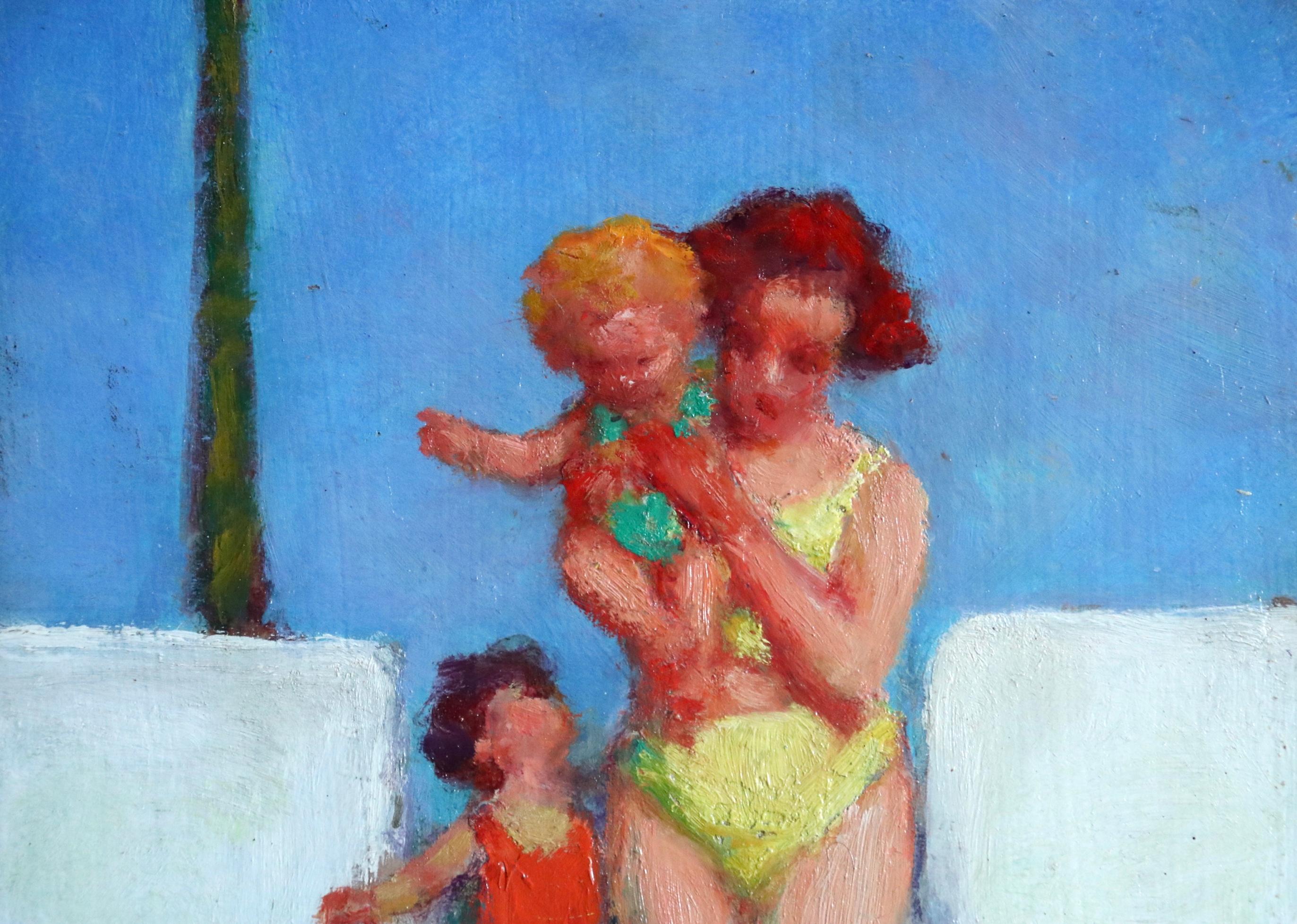 Oil on panel by Italian painter Bernardo Biancale depicting a mother in a bathing suit carrying a baby down some steps on a bright sunny day as another small child follows. Signed lower left. This painting is not currently framed but a suitable