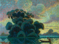 Sur la rivière - coucher de soleil - Divisionist Oil, Riverscape by M Guillard