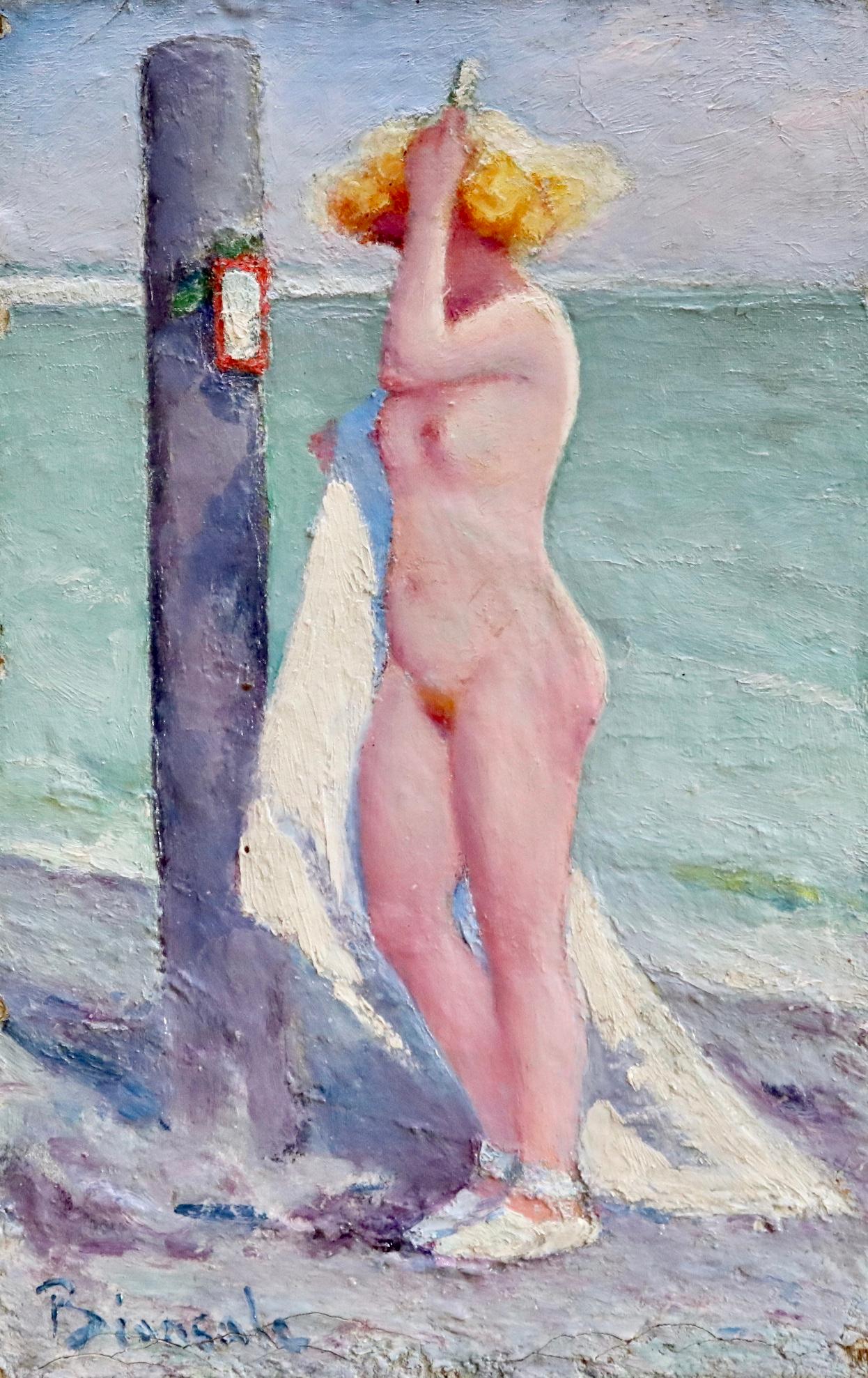 20th century oil on paper panel by Italian painter Bernardo Biancale depicting a nude blonde standing on the beach brushing her hair. Signed lower left. This painting is not currently framed but a suitable frame can be sourced if