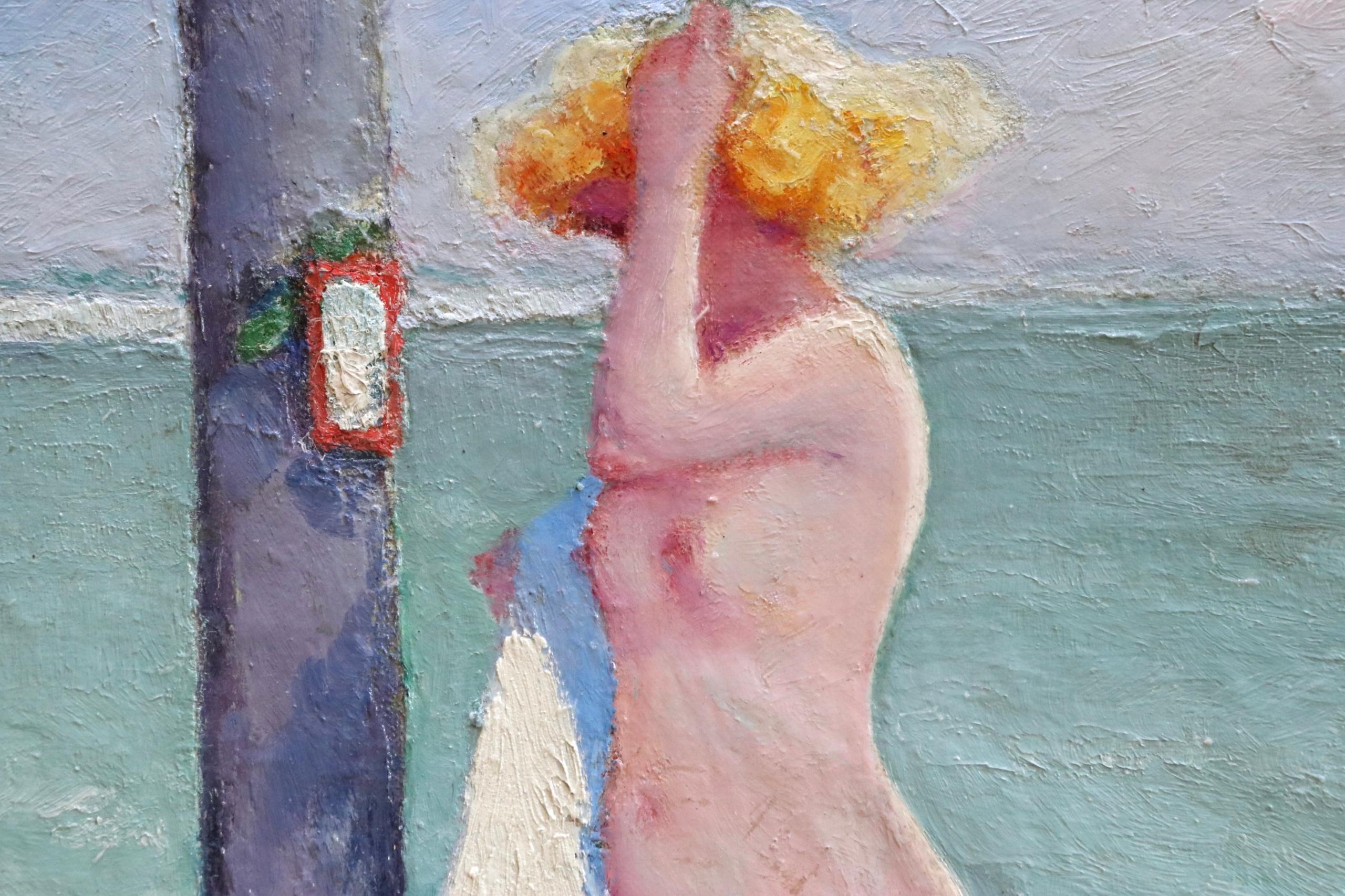 Brosser les cheveux - Post Impressionist Oil, Nude on Beach by Bernardo Biancale 2