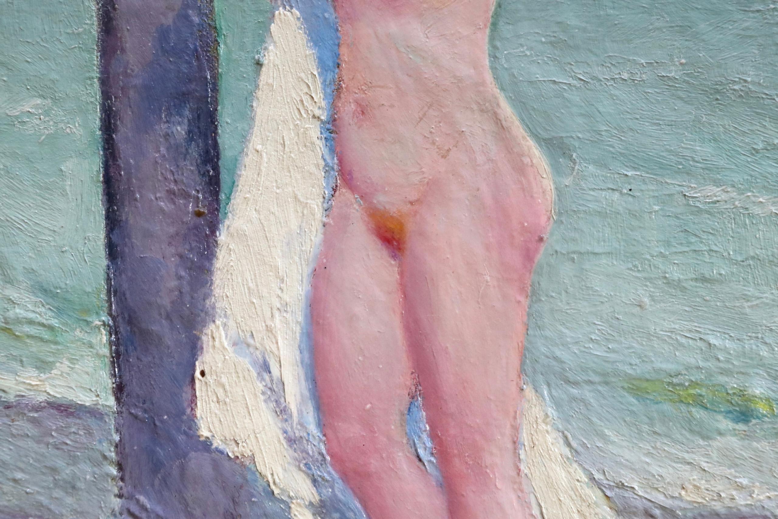 Brosser les cheveux - Post Impressionist Oil, Nude on Beach by Bernardo Biancale 3