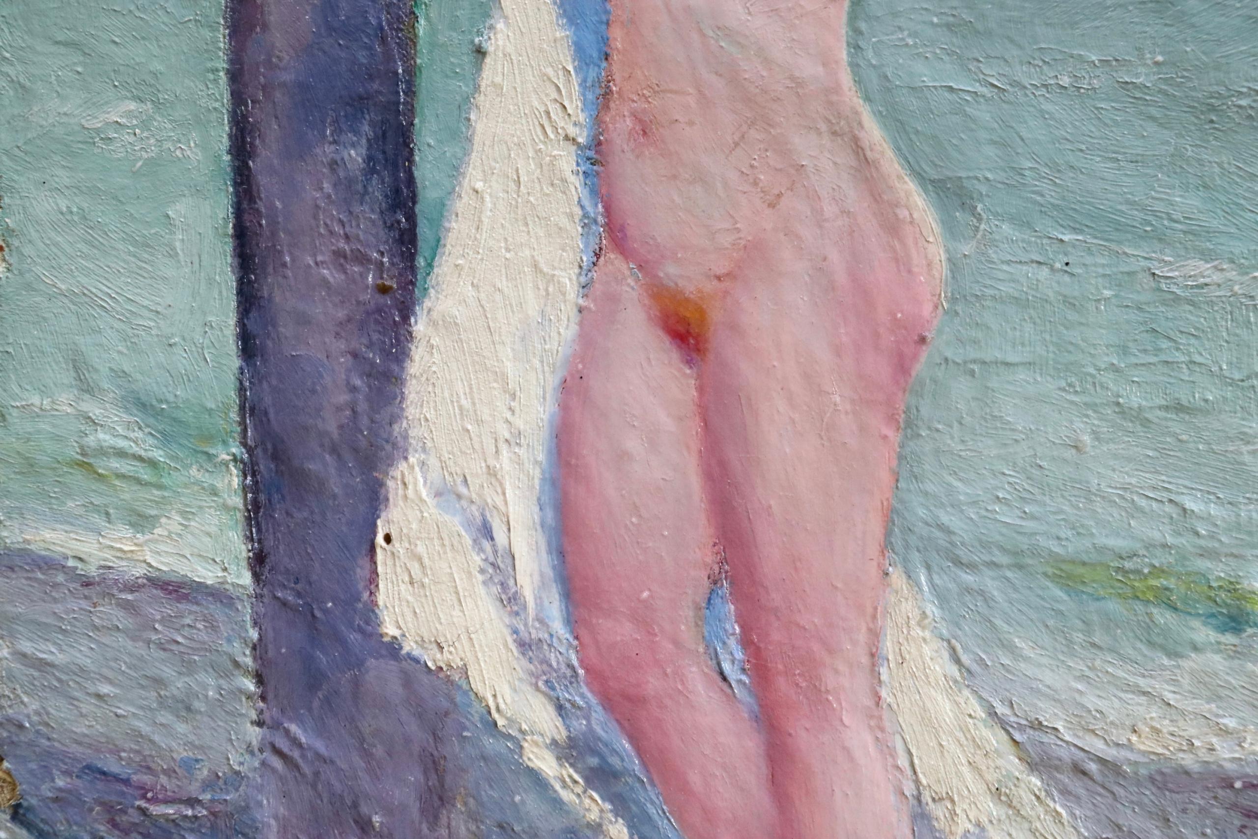 Brosser les cheveux - Post Impressionist Oil, Nude on Beach by Bernardo Biancale 6
