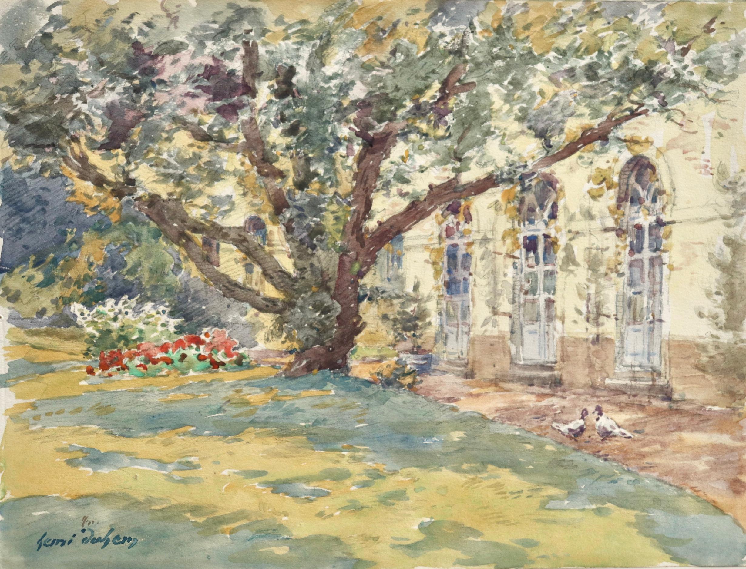 A lovely watercolour on paper circa 1920 by Henri Duhem depicting two birds in the shadow of a tree on a sunny day in the artist's garden. Signed lower left. This piece is not currently framed but a suitable frame can be sourced if