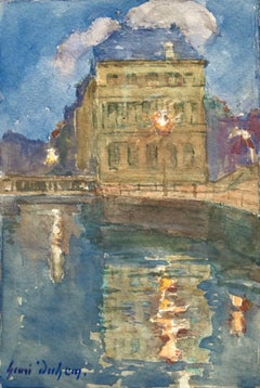 Aquarelle impressionniste « La Scarpe », Canal de Douai, paysage d'Henri Duhem