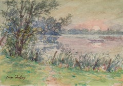 Sunset on the River - French Impressionist Watercolor, Landscape by Henri Duhem