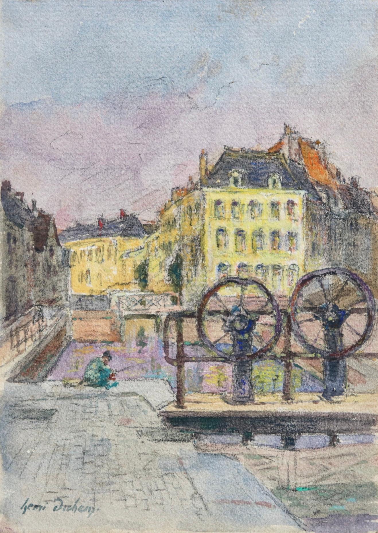 Henri Duhem Landscape Art – The Canal at Douai - Impressionistisches Aquarell, Figur in Landschaft von H Duhem