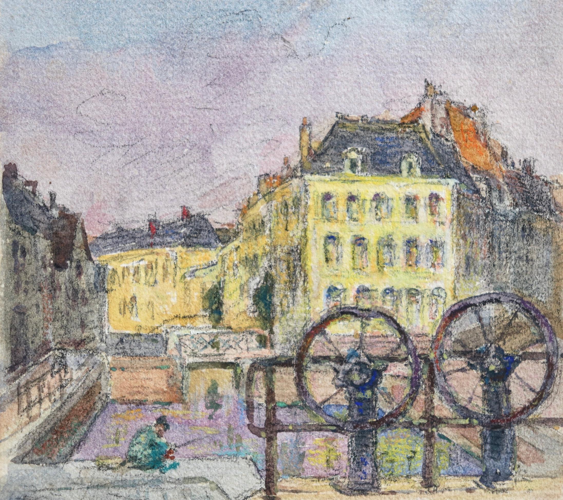 The Canal at Douai - Impressionist Watercolor, Figure in Landscape by H Duhem For Sale 1