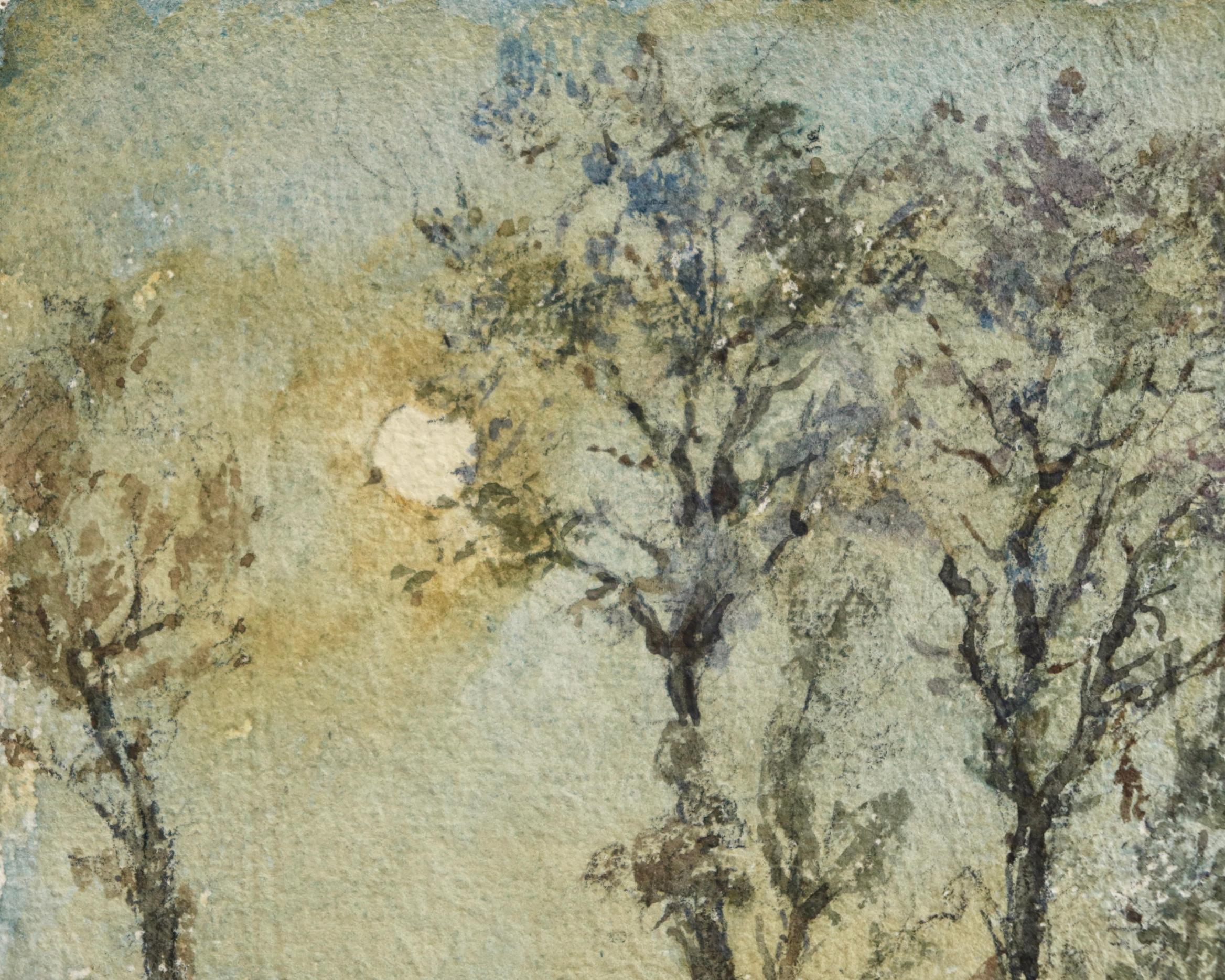 Paysage au Clair de Lune - Impressionist Watercolor Moonlit Landscape by H Duhem 2