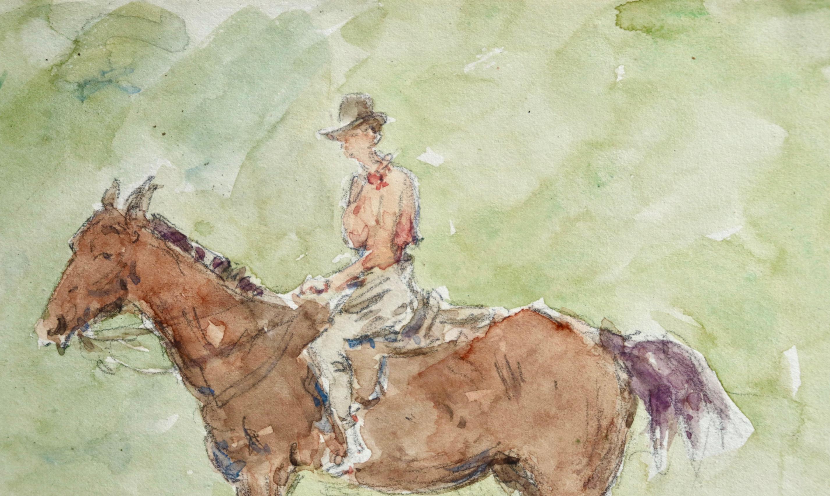 Watercolour on paper circa 1912 by Henri Duhem depicting the artist's adopted daughter, Nelly Sergeant Duhem on horseback. Signed lower left and titled 