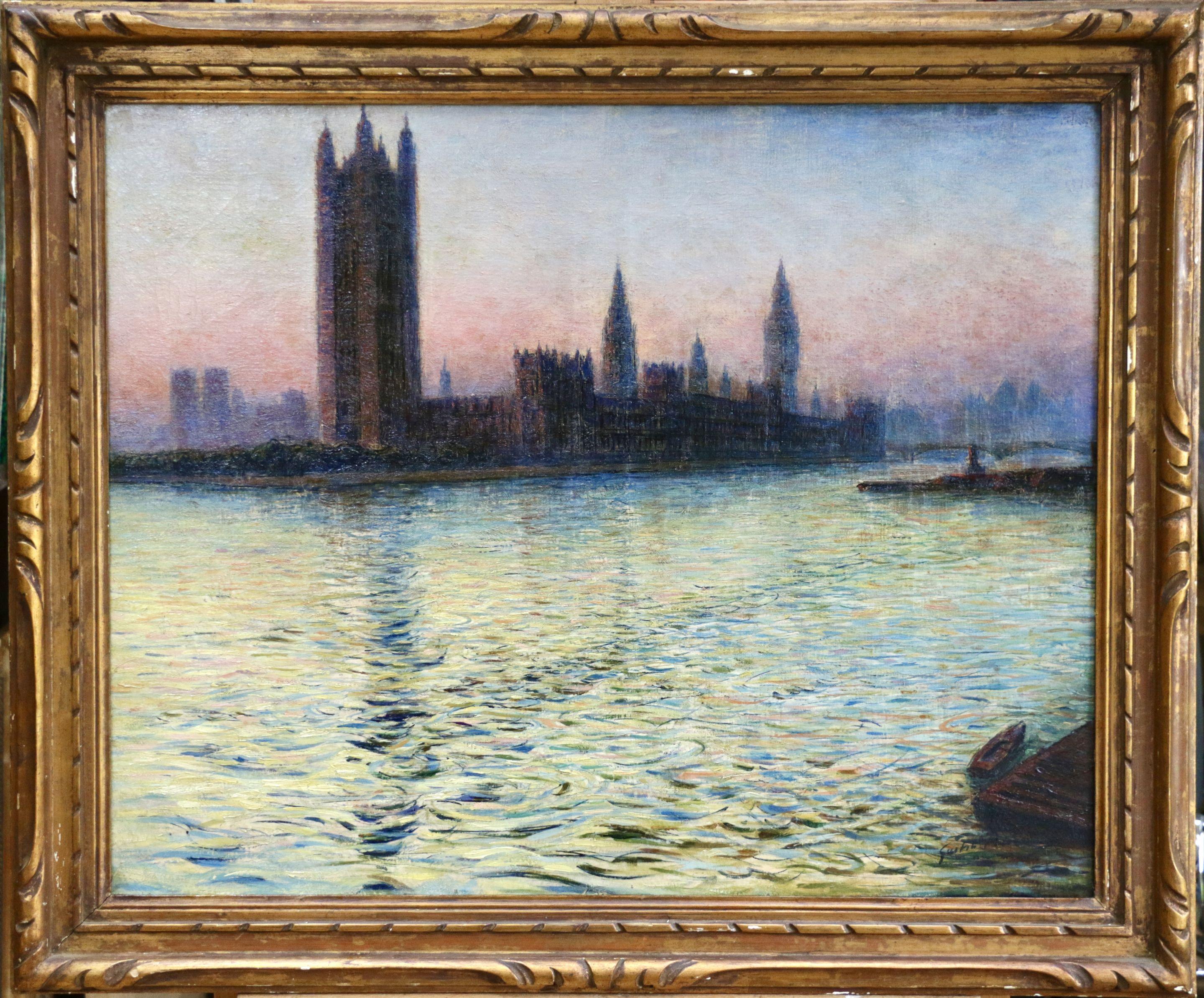 Wonderful oil on canvas circa 1905 by Gaston Prunier depicting a view of the River Thames in London as the sun sets behind Westminster. Signed lower left and titled verso. Framed dimensions are 31 inches high by 37 inches wide.

Gaston Prunier was a