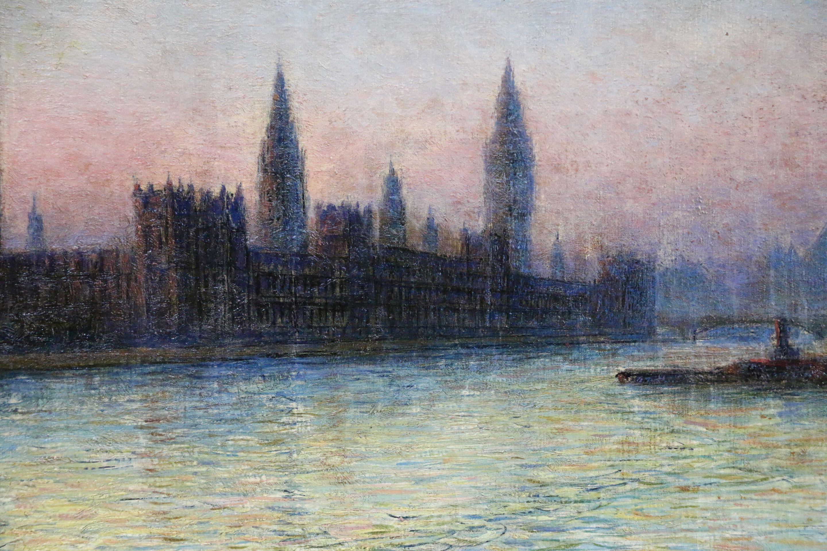 Westminster - Evening - 19th Century Oil, Riverscape at Sunset by Gaston Prunier 3